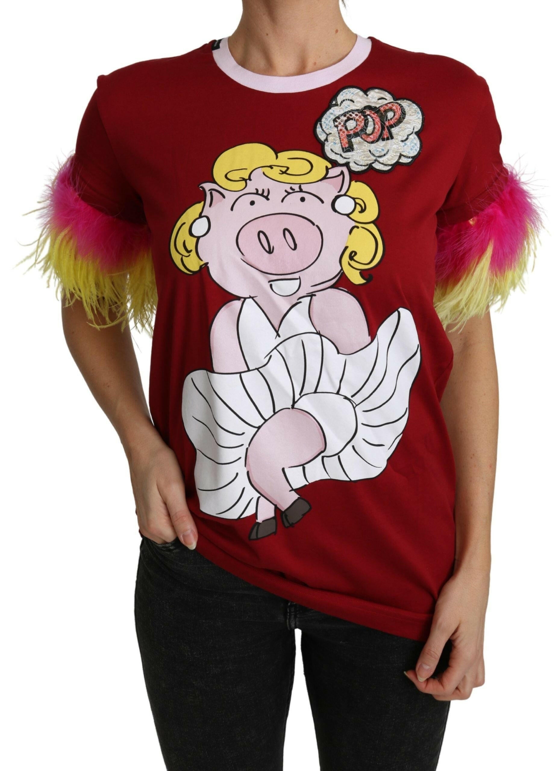 Dolce & Gabbana Red Pig Print Feather Sleeves T-shirt Top.
