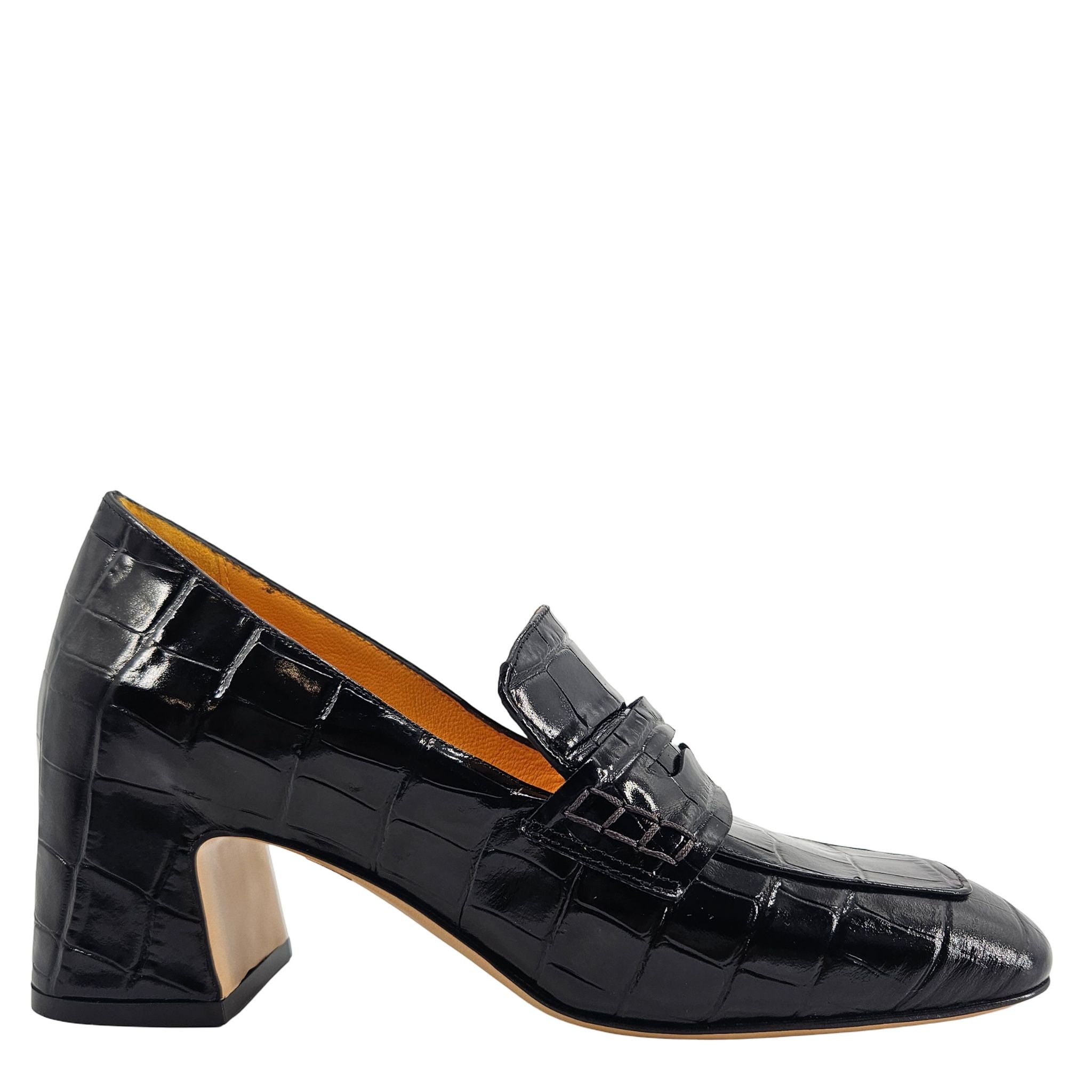 Black Leather Heel Moc Croc Leather Loafer