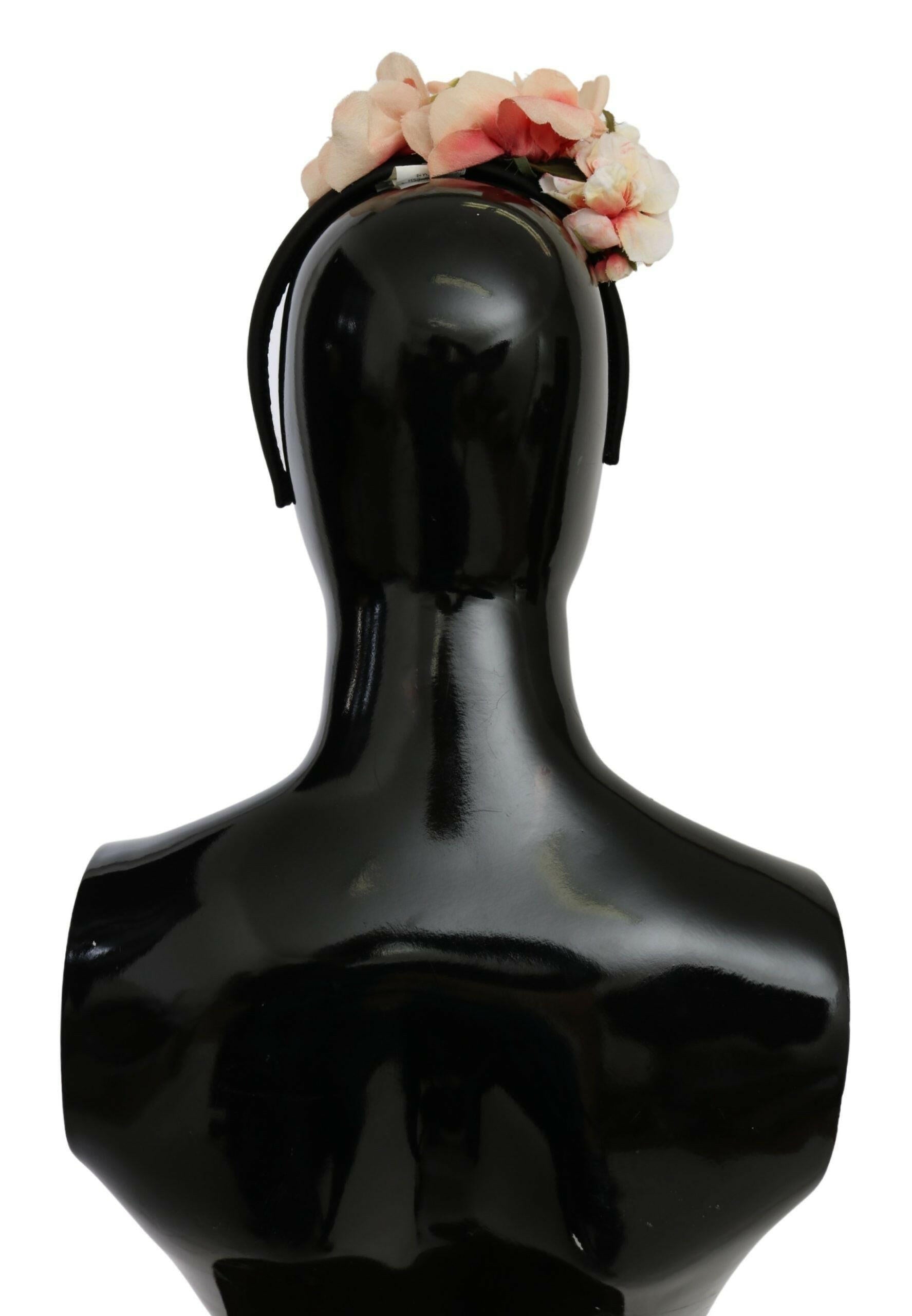 Dolce & Gabbana Pink Silk Black Floral Headband Logo Diadem.