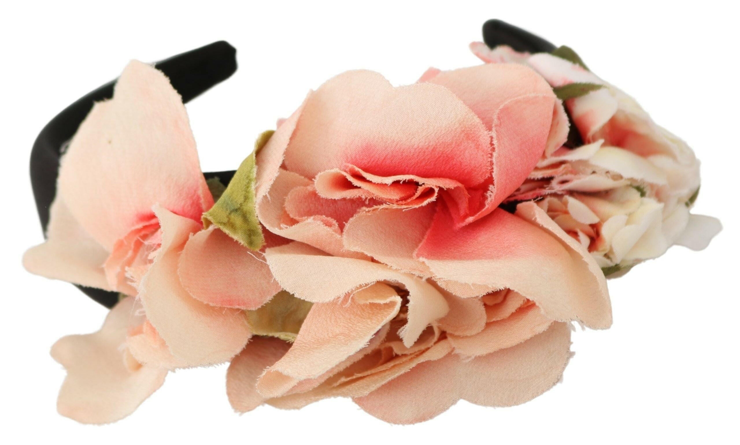 Dolce & Gabbana Pink Silk Black Floral Headband Logo Diadem.