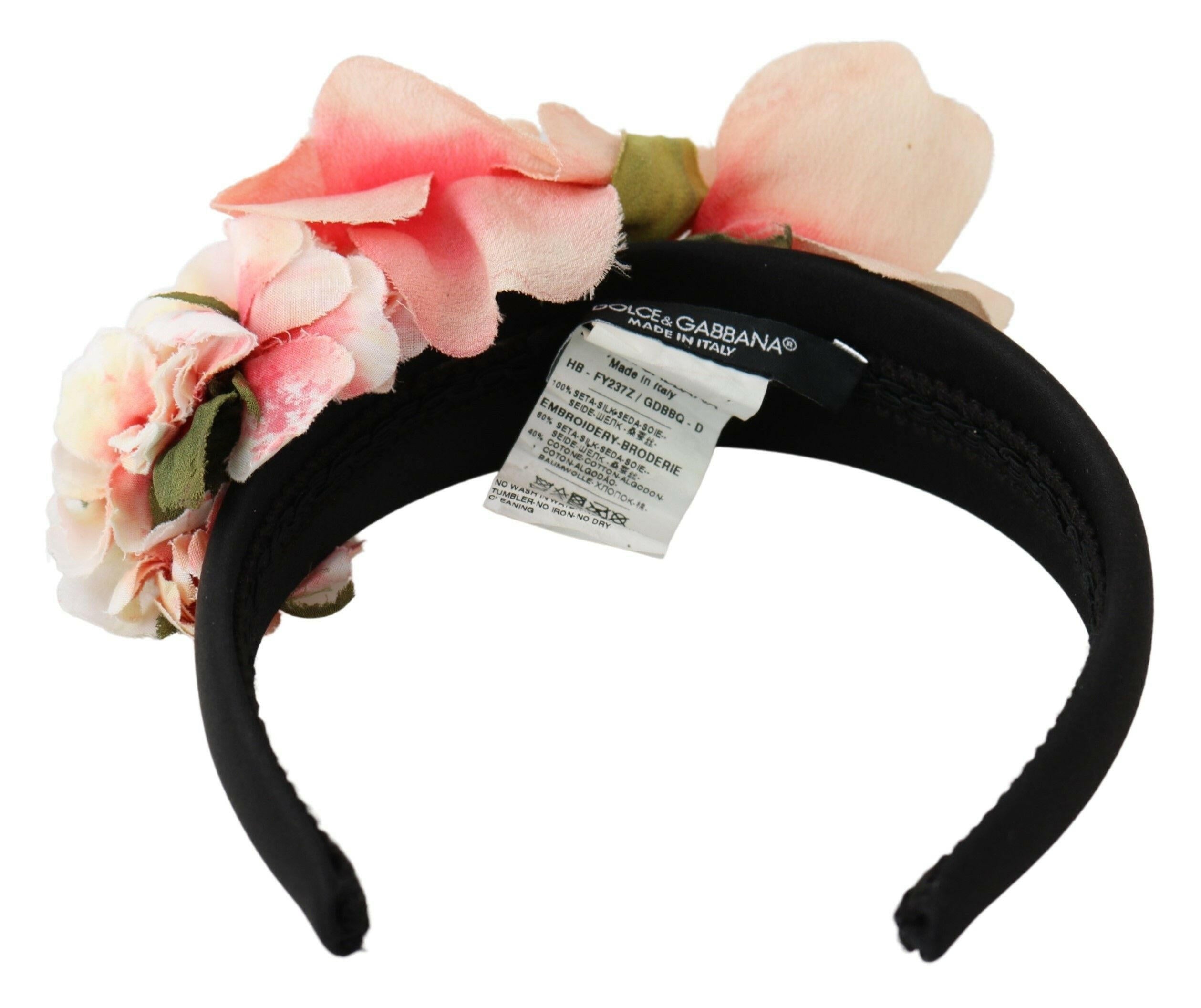 Dolce & Gabbana Pink Silk Black Floral Headband Logo Diadem.
