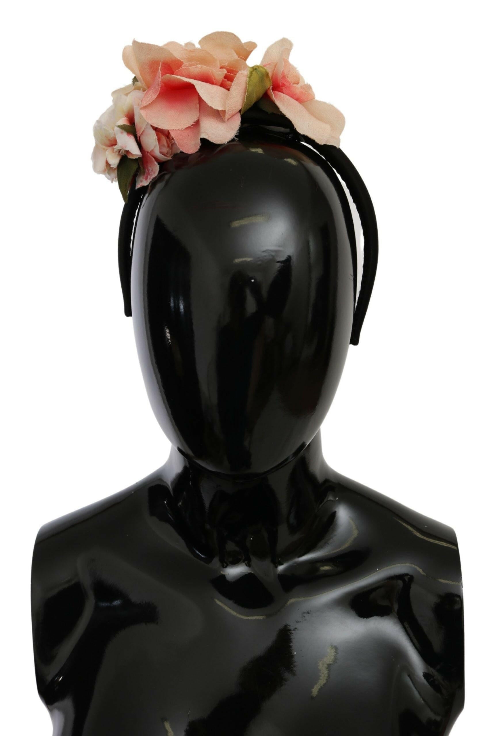 Dolce & Gabbana Pink Silk Black Floral Headband Logo Diadem.