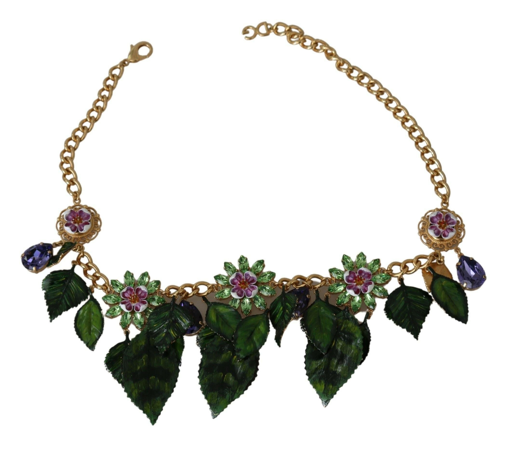 Dolce & Gabbana Green Leaves Gold Brass Crystal Flower Pendant Necklace.