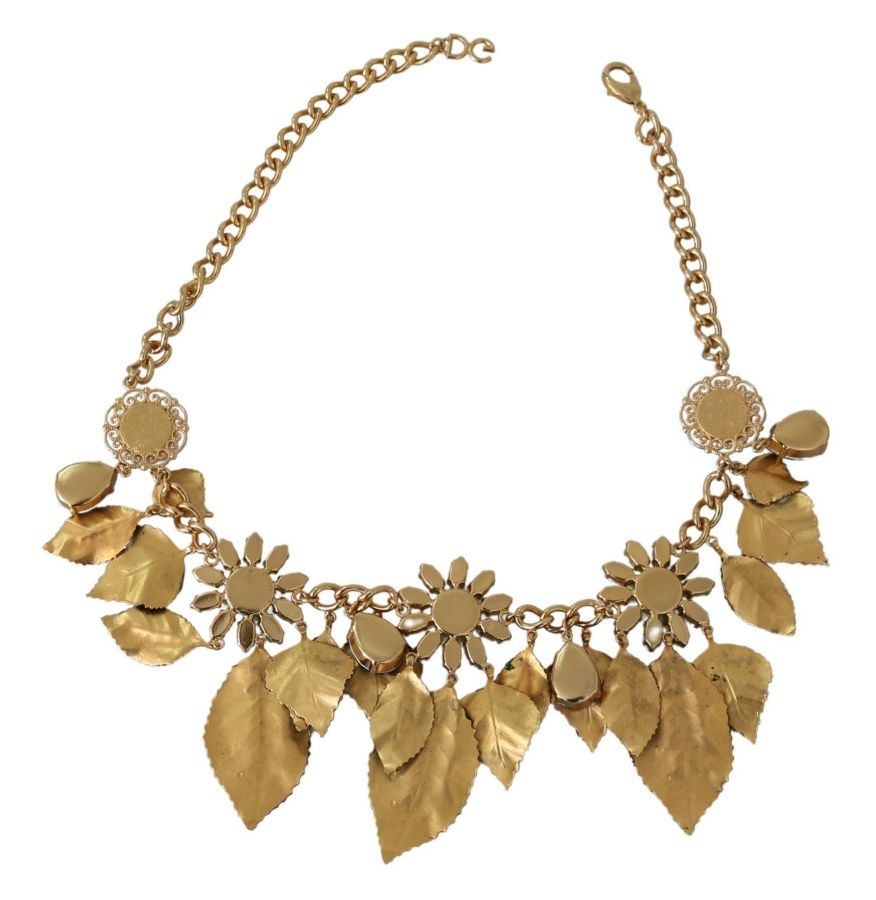 Dolce & Gabbana Green Leaves Gold Brass Crystal Flower Pendant Necklace.