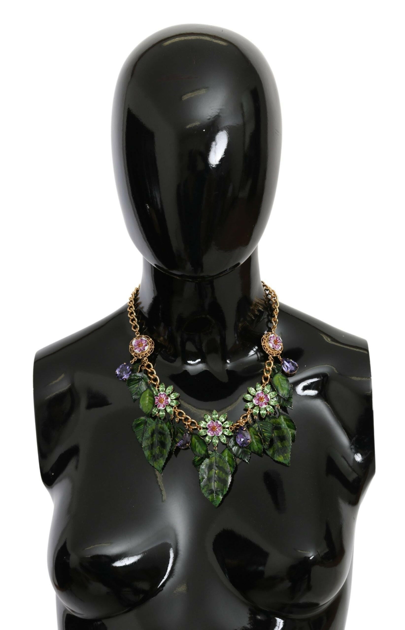 Dolce & Gabbana Green Leaves Gold Brass Crystal Flower Pendant Necklace.