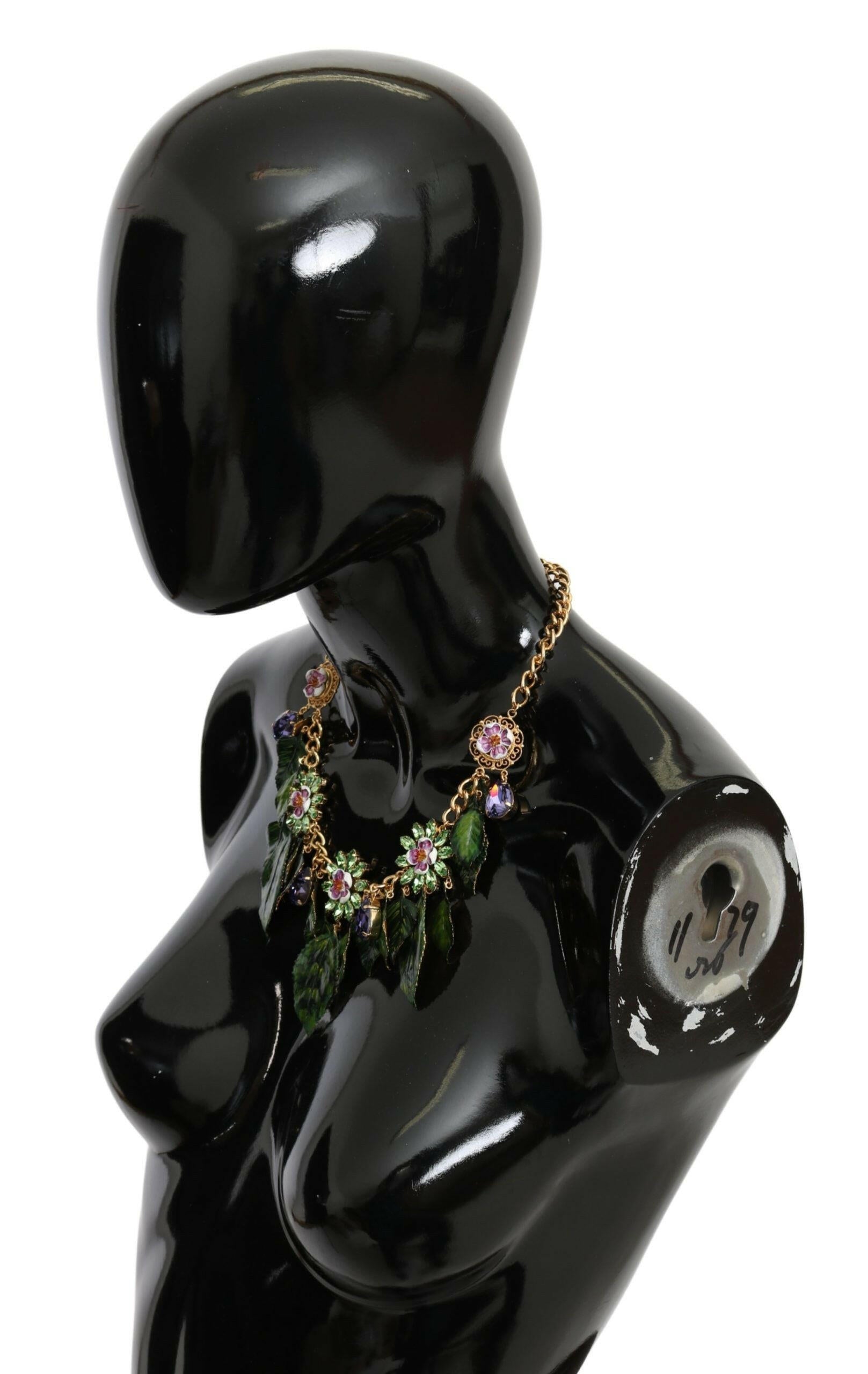 Dolce & Gabbana Green Leaves Gold Brass Crystal Flower Pendant Necklace.