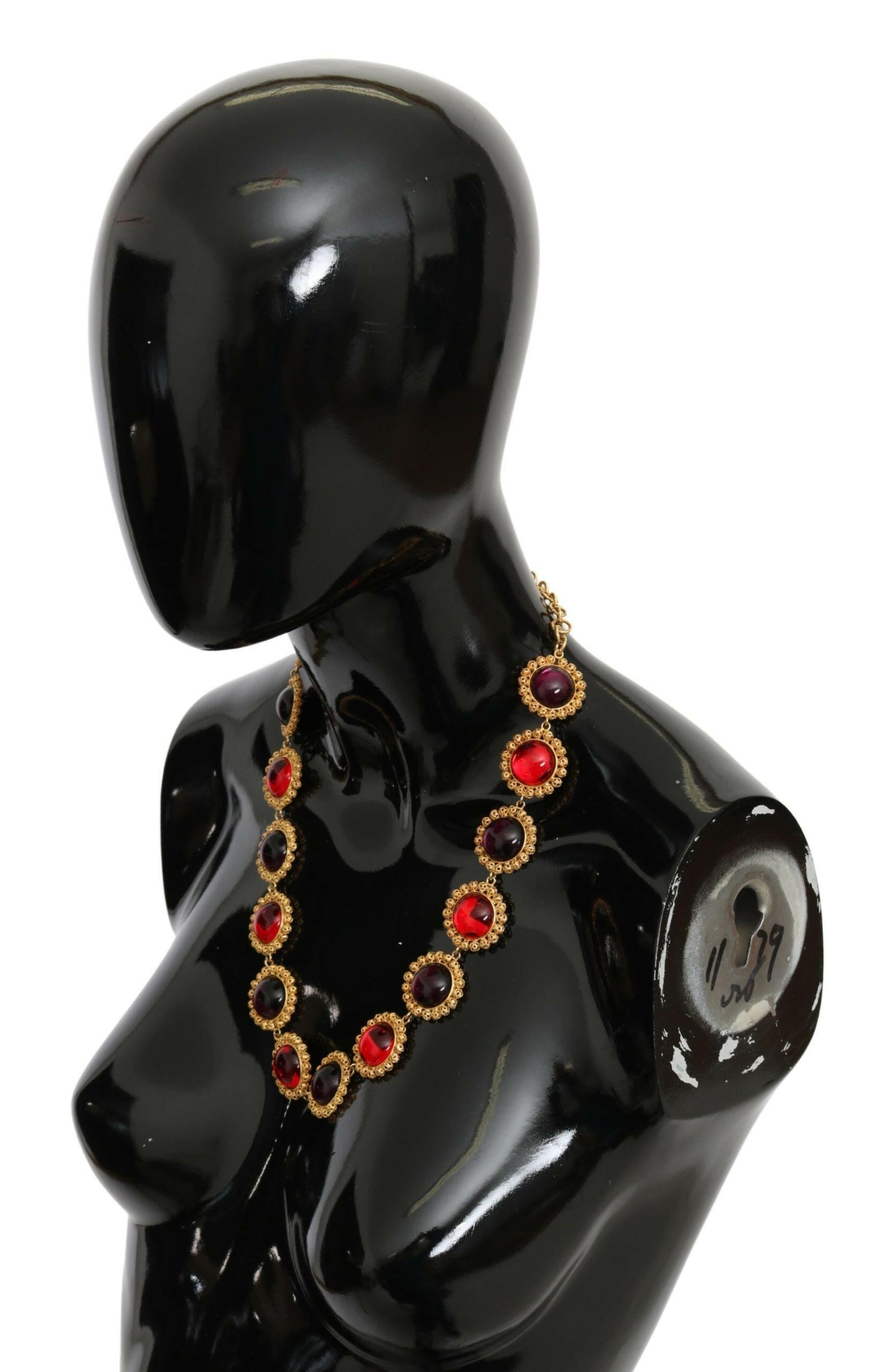 Dolce & Gabbana Red Purple Crystal Floral Chain Statement Gold Brass Necklace.