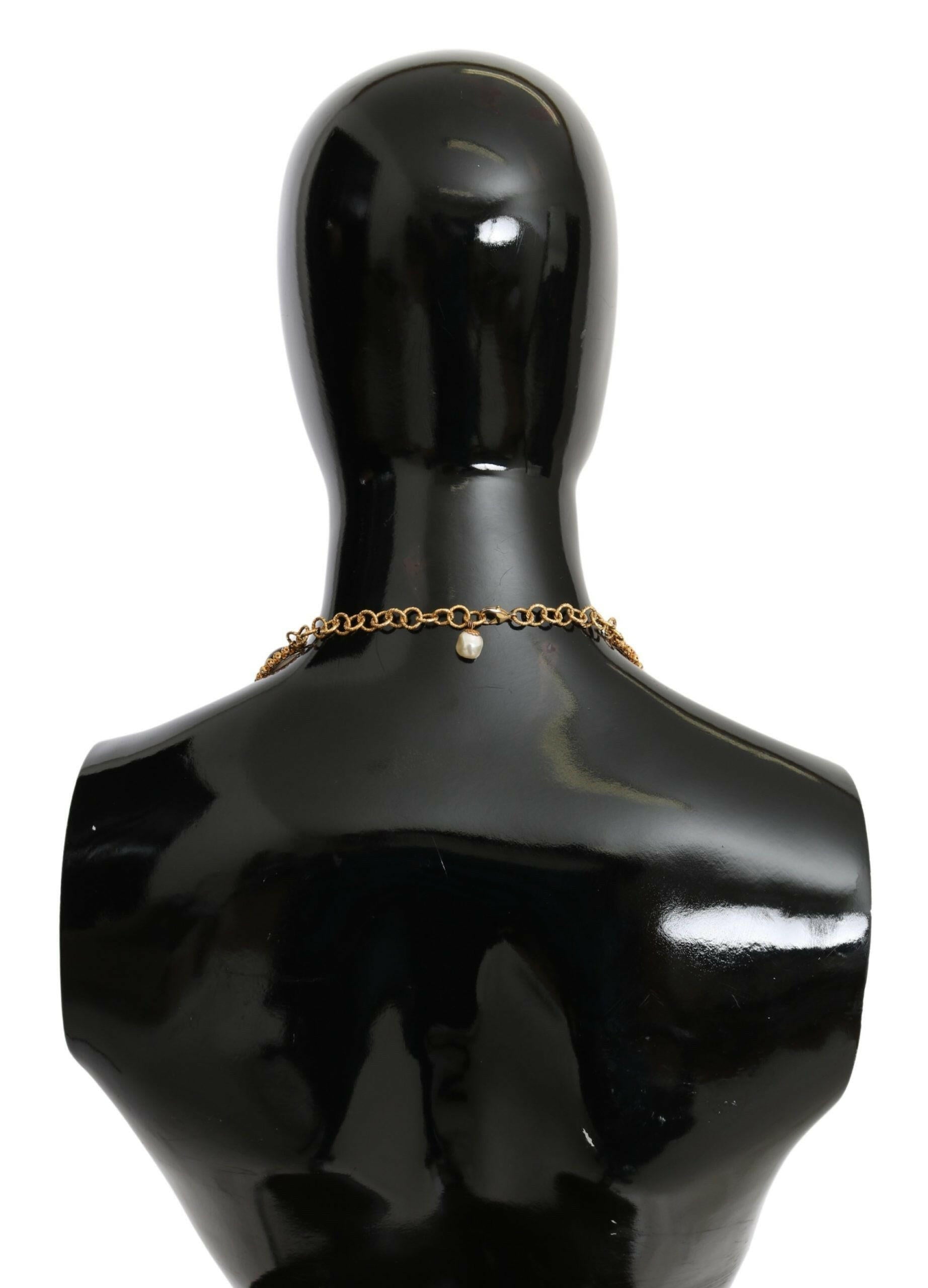 Dolce & Gabbana Red Purple Crystal Floral Chain Statement Gold Brass Necklace.