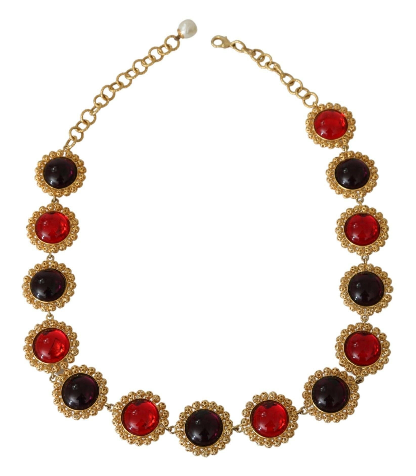 Dolce & Gabbana Red Purple Crystal Floral Chain Statement Gold Brass Necklace.