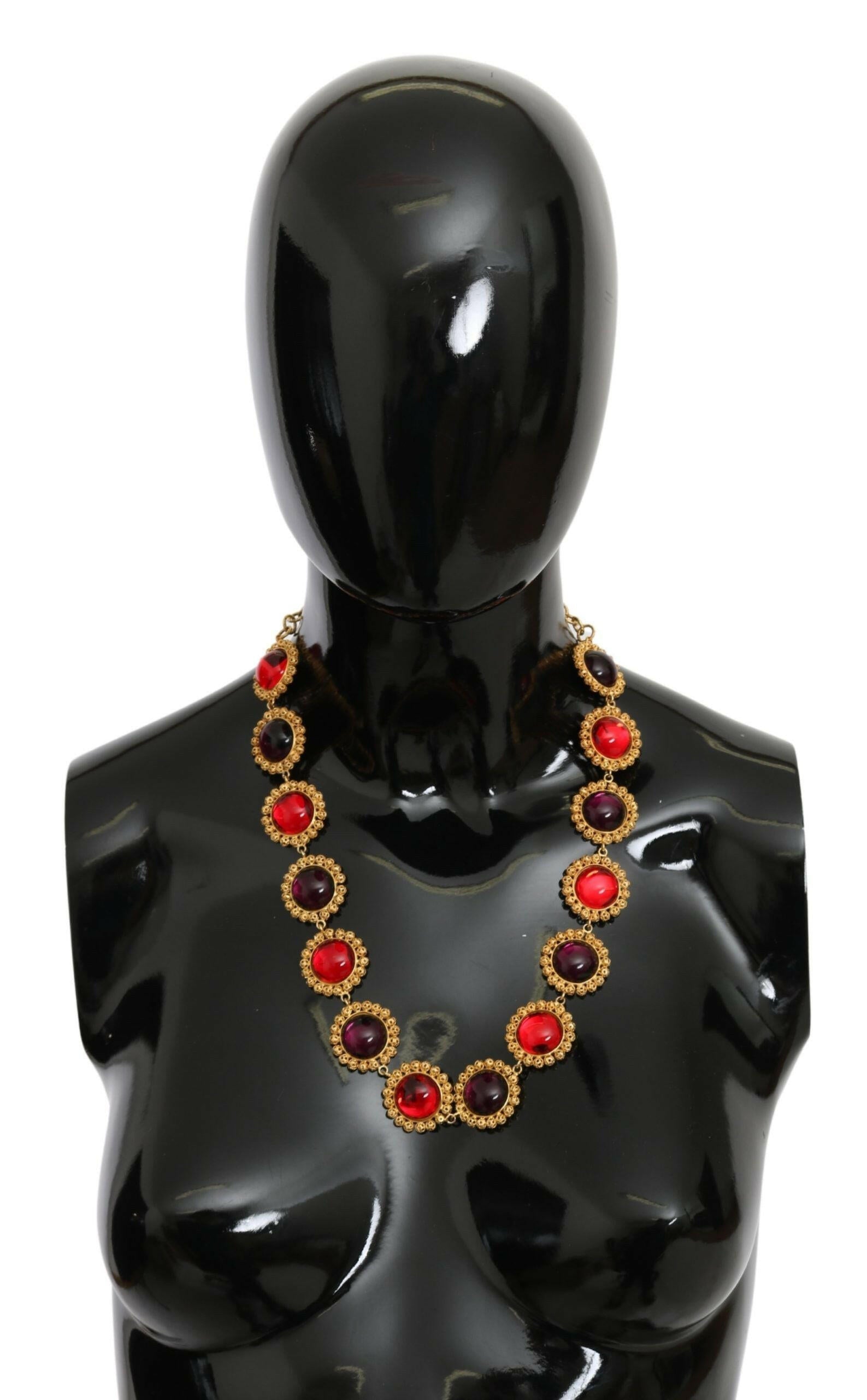 Dolce & Gabbana Red Purple Crystal Floral Chain Statement Gold Brass Necklace.