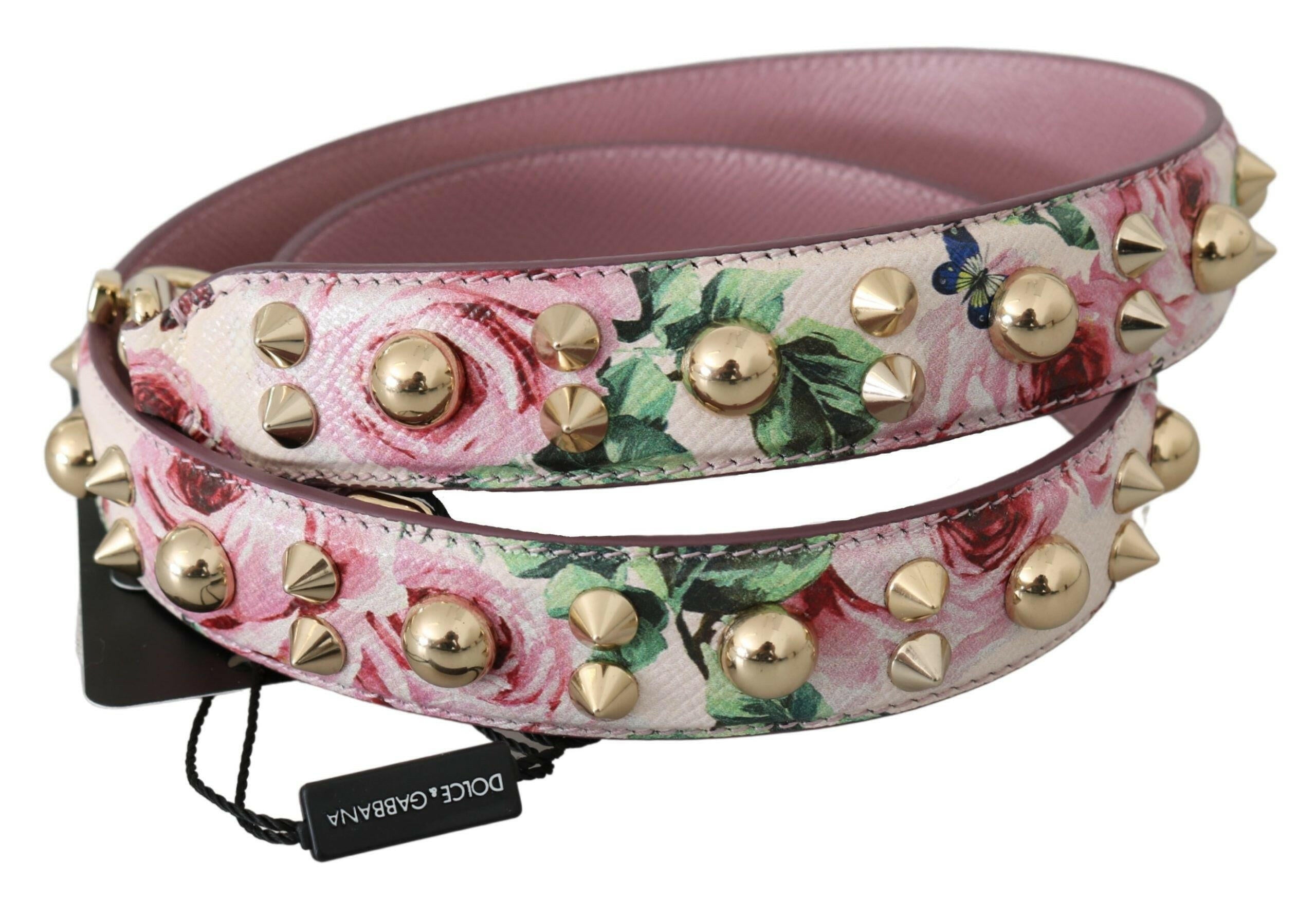 Dolce & Gabbana Pink Floral Leather Stud Accessory Shoulder Strap.