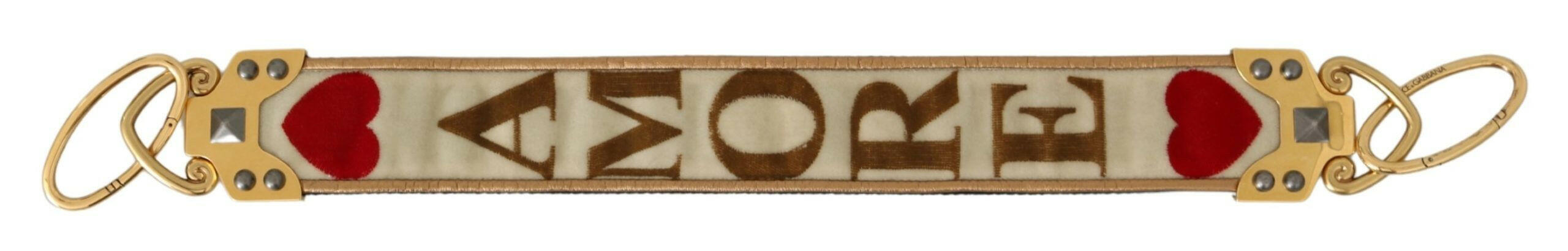 Dolce & Gabbana Gold White Textile Leather AMORE Shoulder Strap.