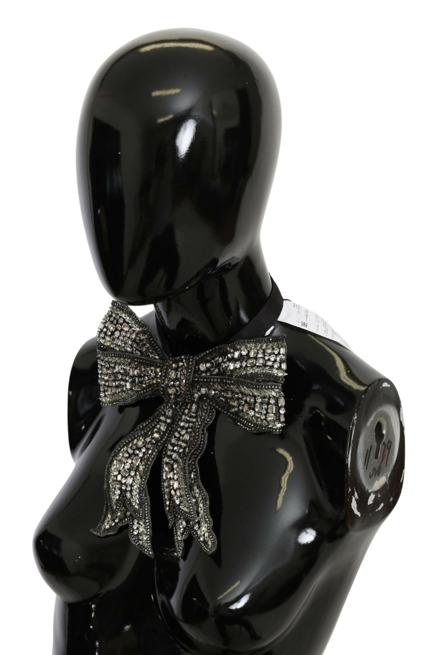 Dolce & Gabbana Silver Crystal Beaded Sequined 100% Silk Catwalk Necklace Bowtie.