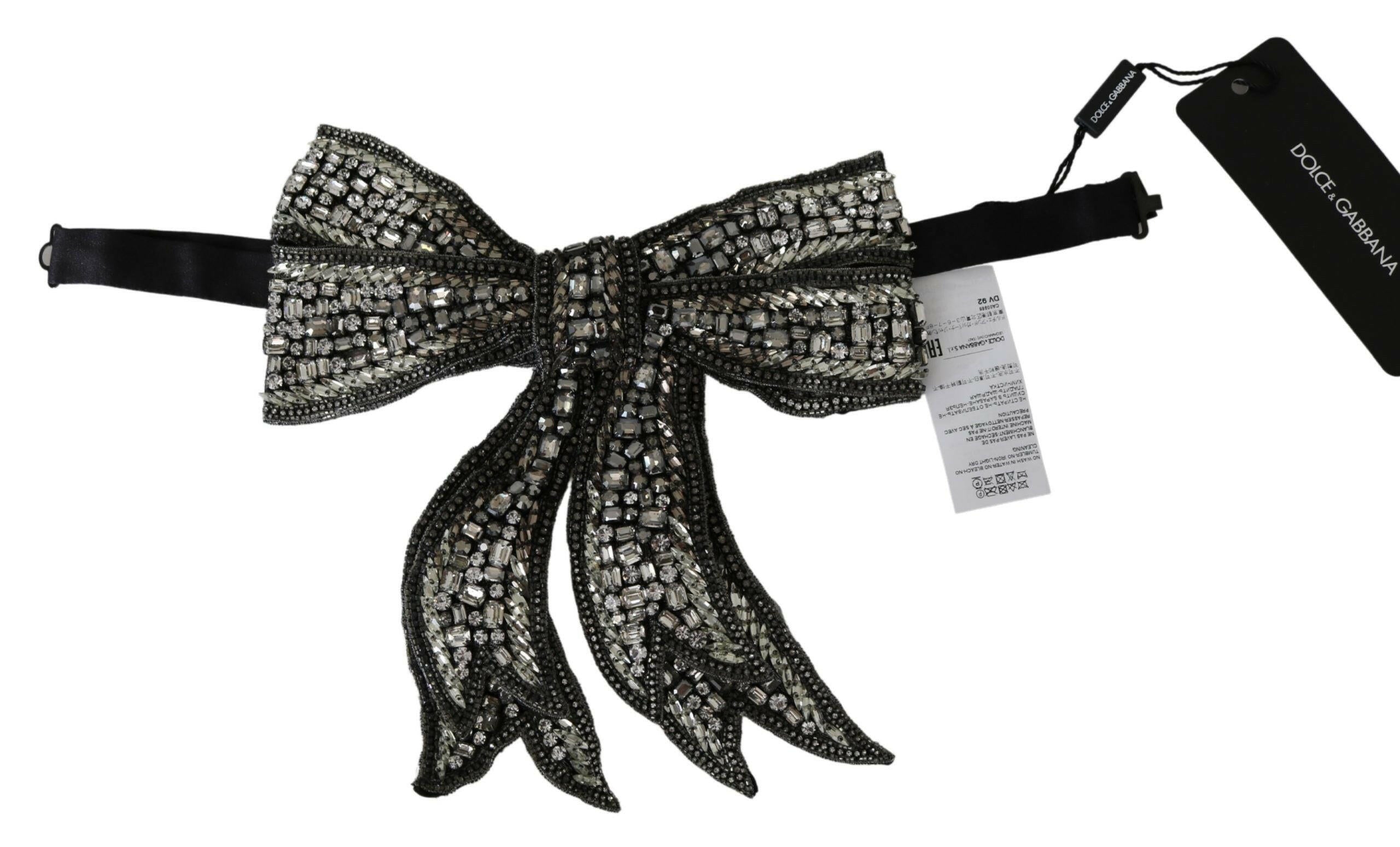 Dolce & Gabbana Silver Crystal Beaded Sequined 100% Silk Catwalk Necklace Bowtie.
