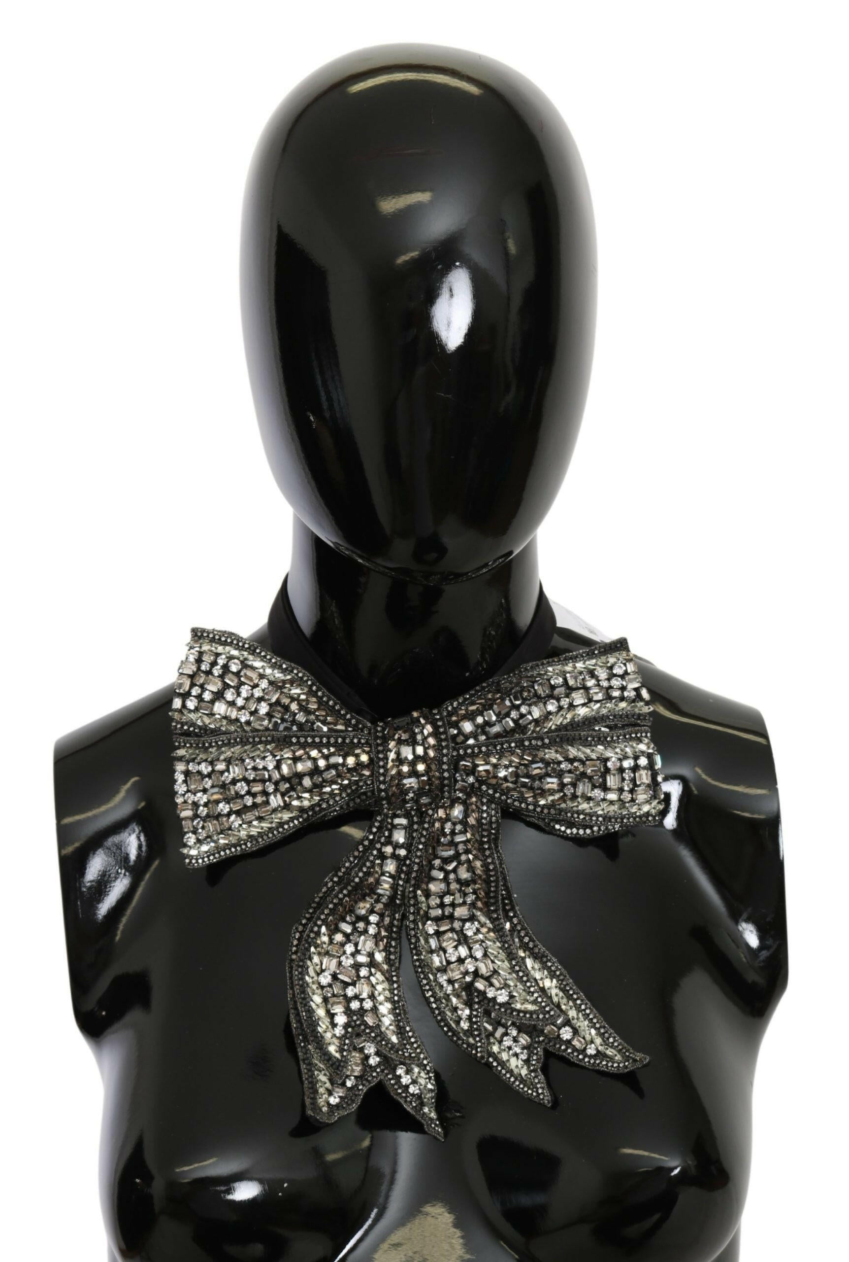 Dolce & Gabbana Silver Crystal Beaded Sequined 100% Silk Catwalk Necklace Bowtie.
