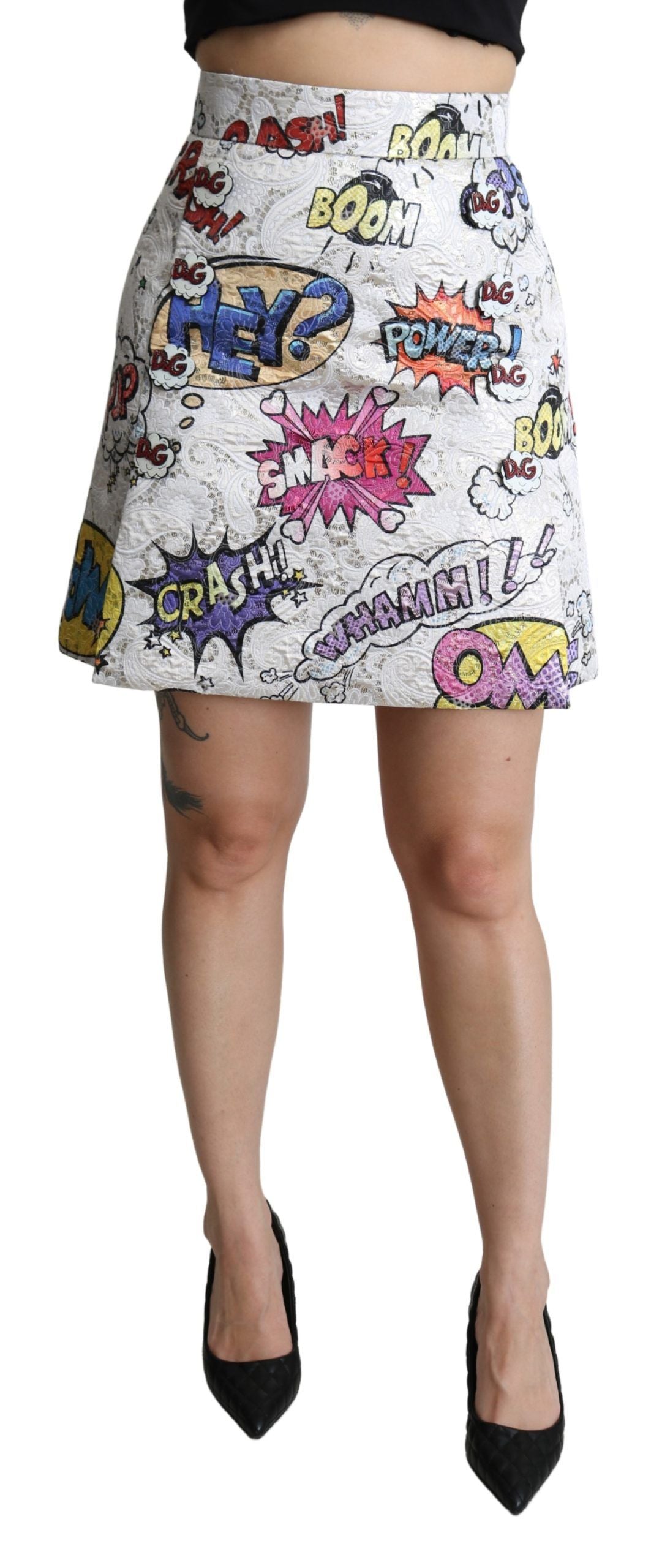 Dolce & Gabbana White Cartoon Brocade A-line High Waist Skirt Dolce & Gabbana