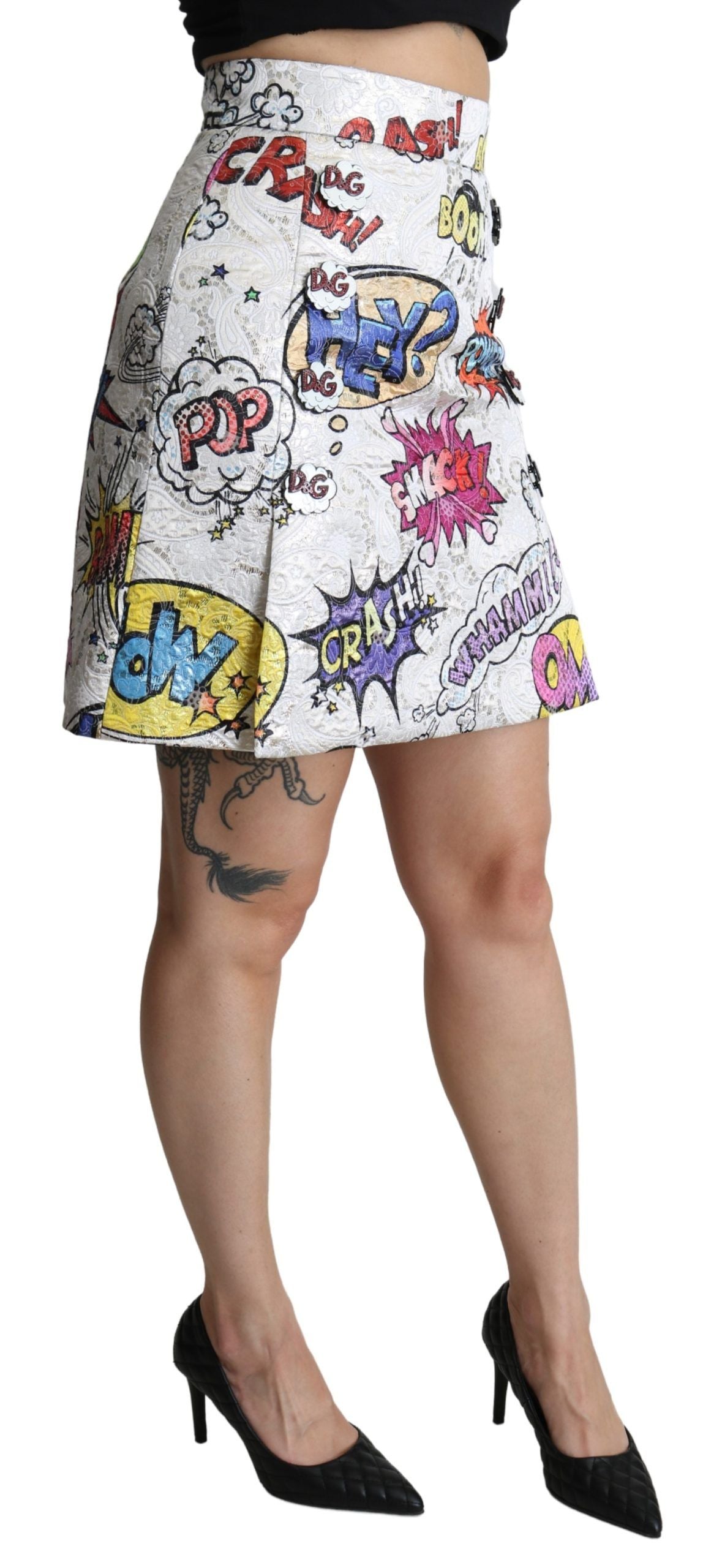 Dolce & Gabbana White Cartoon Brocade A-line High Waist Skirt Dolce & Gabbana