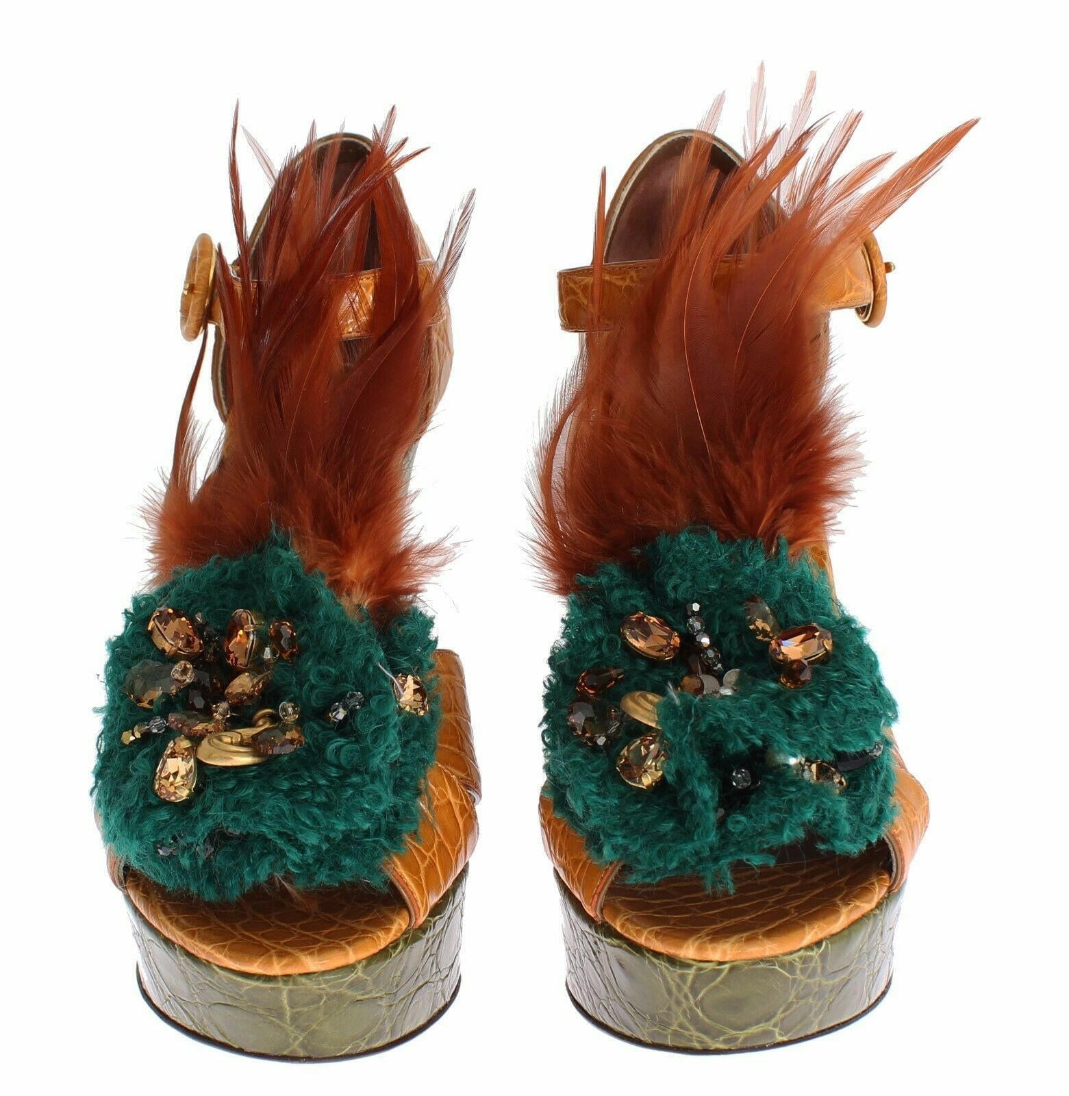 Dolce & Gabbana Orange Leather Crystal Platform Sandal Shoes.