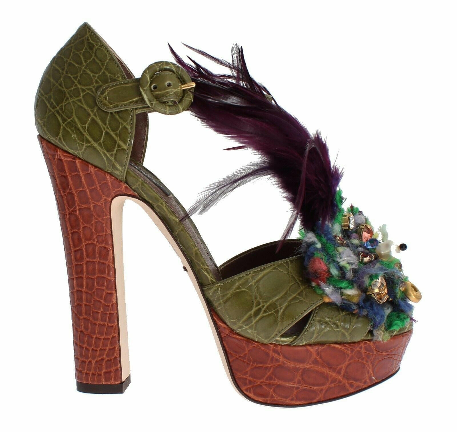 Dolce & Gabbana Green Leather Crystal Platform Sandal Shoes.