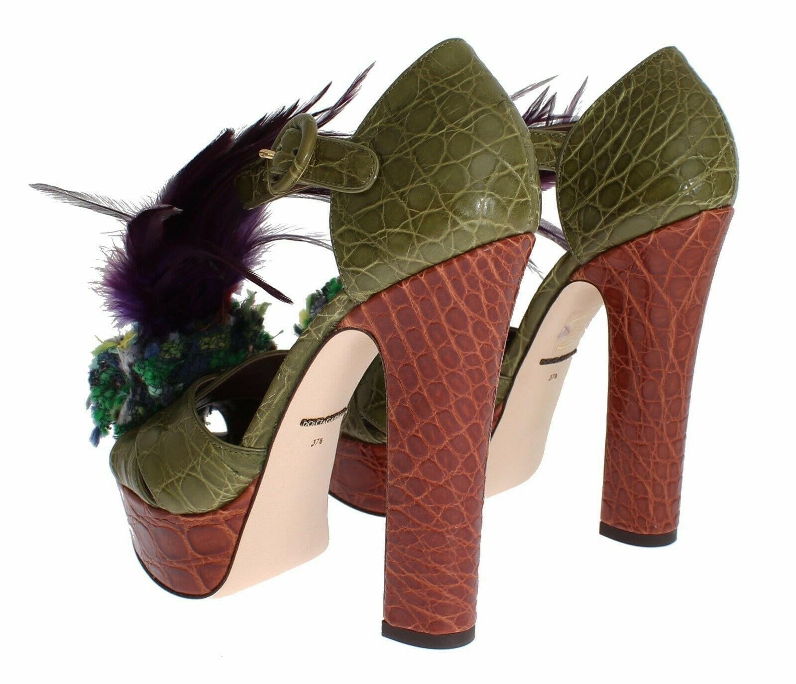 Dolce & Gabbana Green Leather Crystal Platform Sandal Shoes.