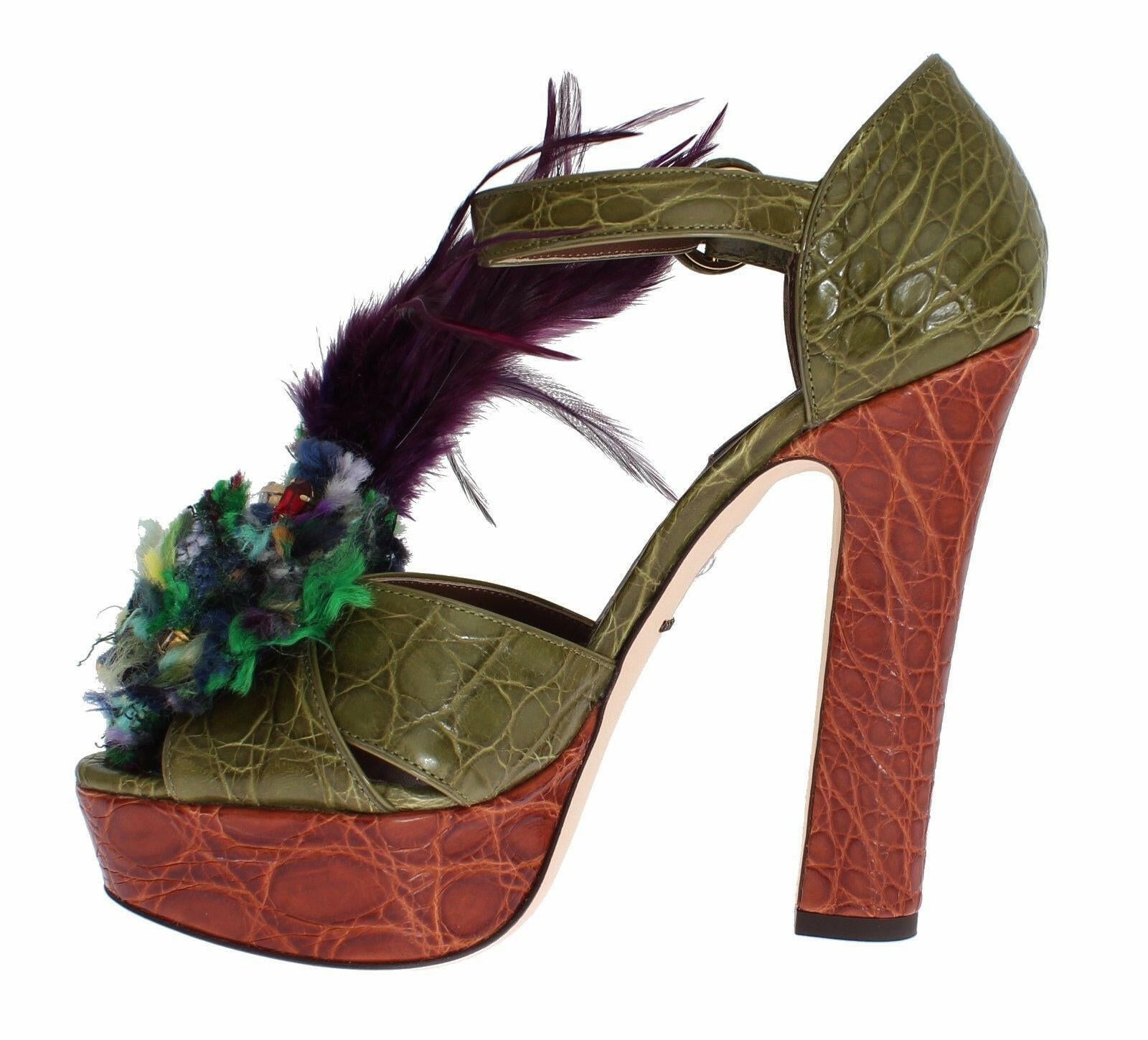 Dolce & Gabbana Green Leather Crystal Platform Sandal Shoes.