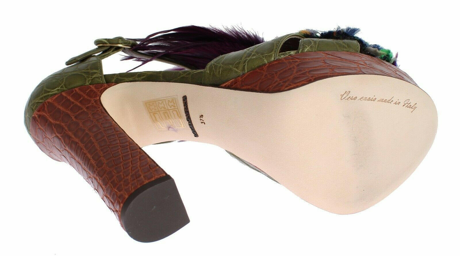 Dolce & Gabbana Green Leather Crystal Platform Sandal Shoes.