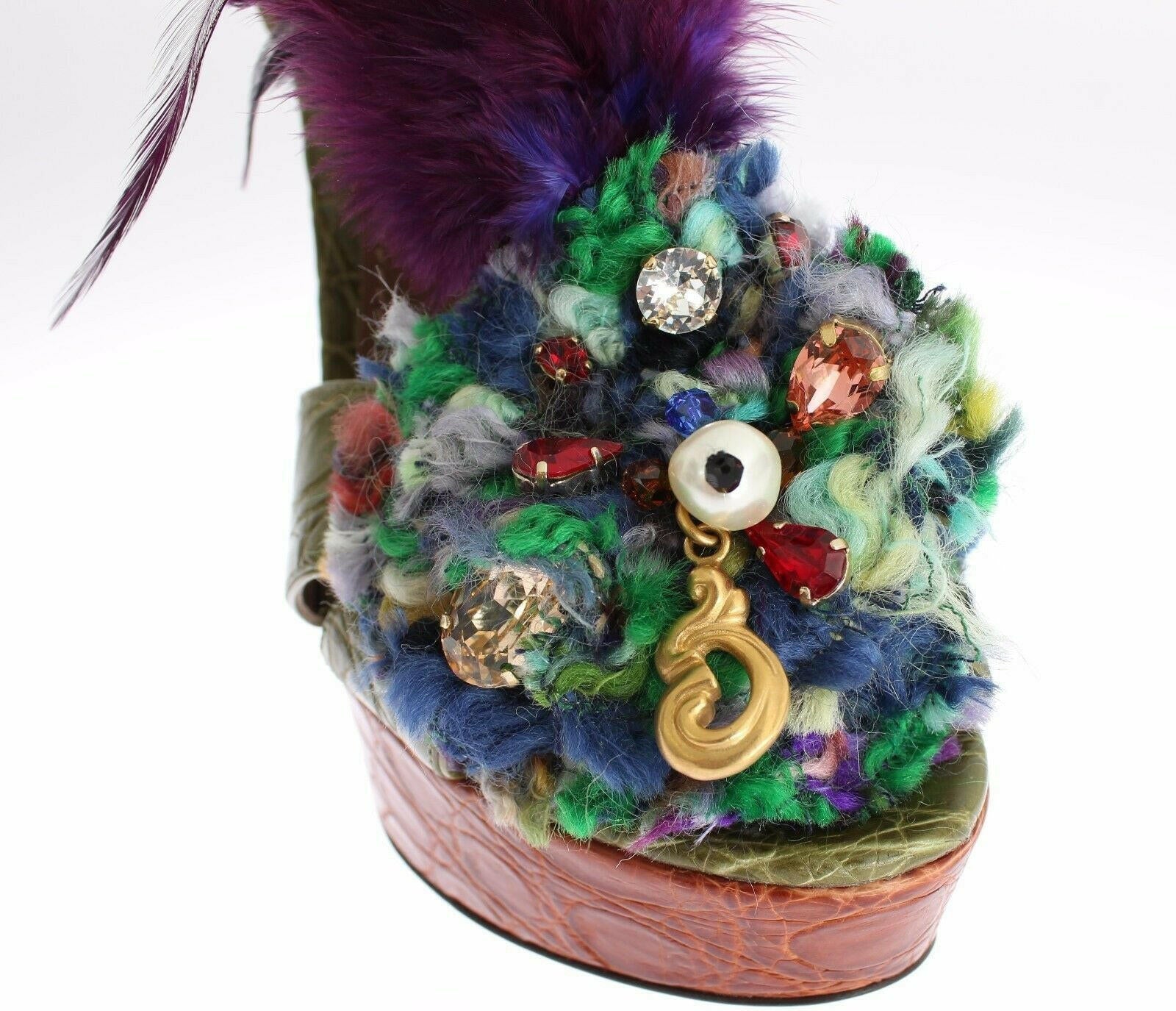 Dolce & Gabbana Green Leather Crystal Platform Sandal Shoes.