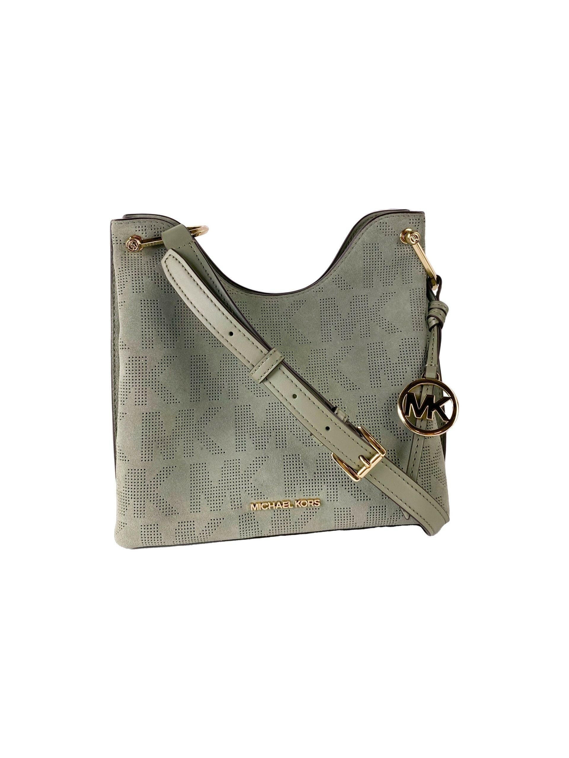 Michael Kors Joan Large Perforated Suede Leather Slouchy Messenger Handbag (Army Green).