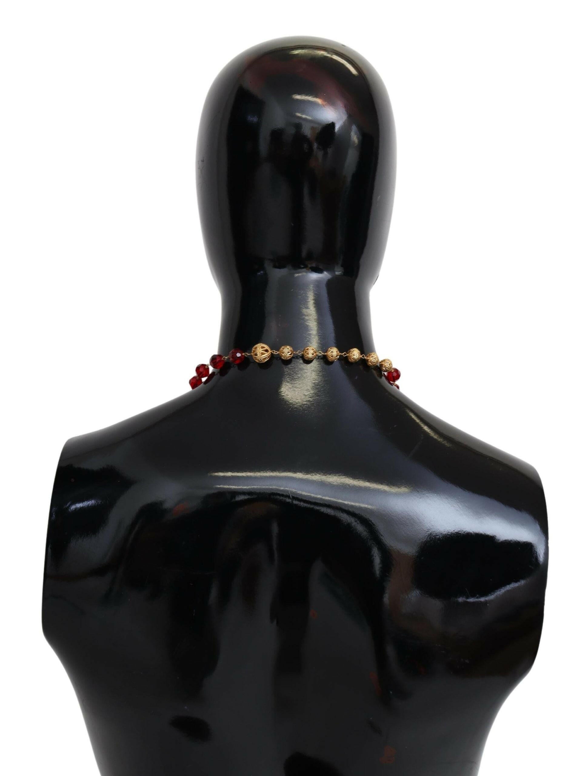 Dolce & Gabbana Gold Tone Brass Red Crystals Pendant Opera Chain  Necklace.