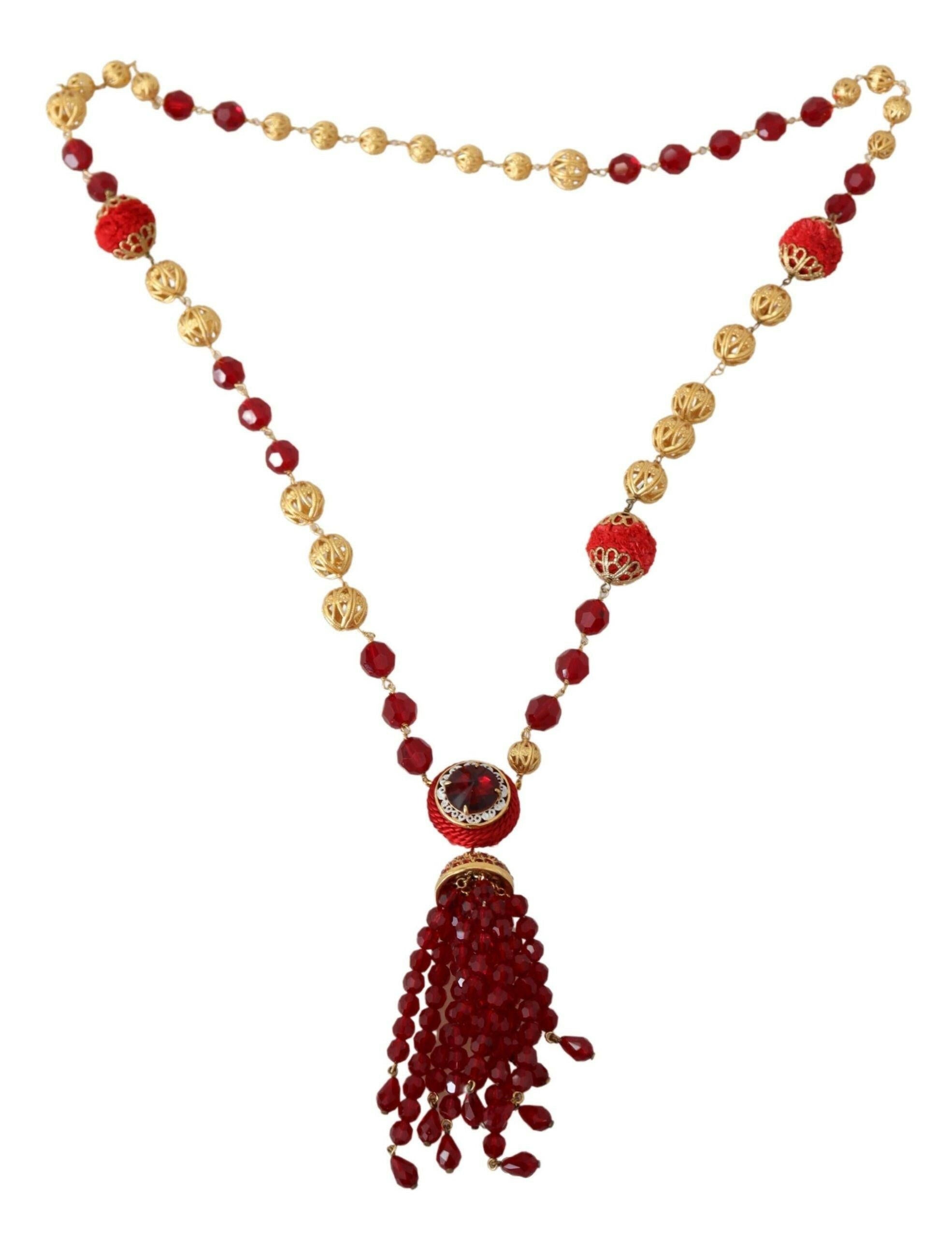 Dolce & Gabbana Gold Tone Brass Red Crystals Pendant Opera Chain  Necklace.