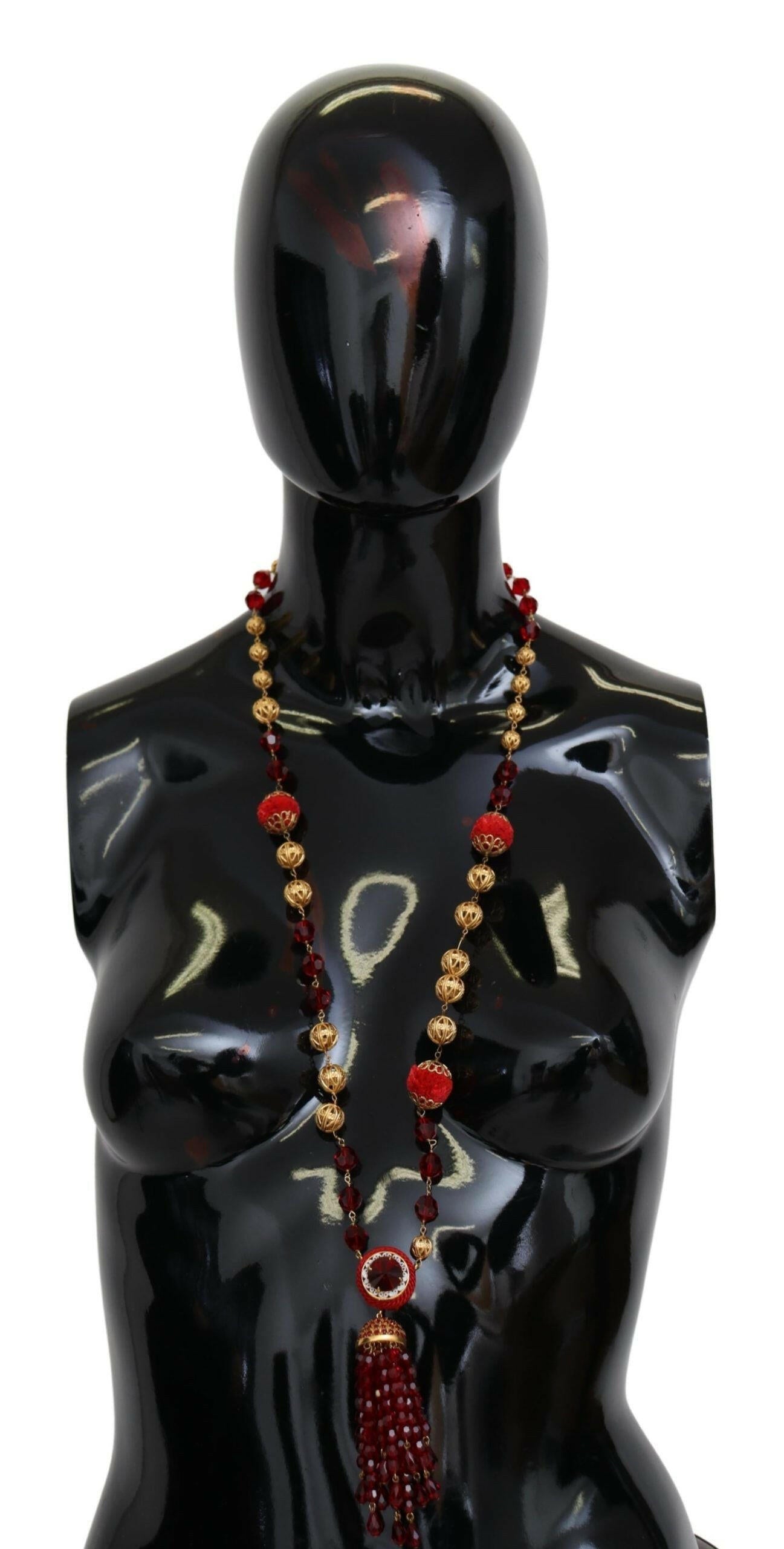 Dolce & Gabbana Gold Tone Brass Red Crystals Pendant Opera Chain  Necklace.