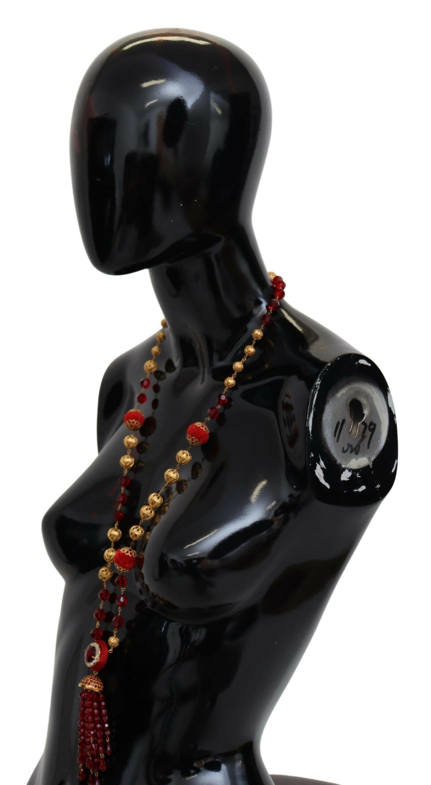 Dolce & Gabbana Gold Tone Brass Red Crystals Pendant Opera Chain  Necklace.
