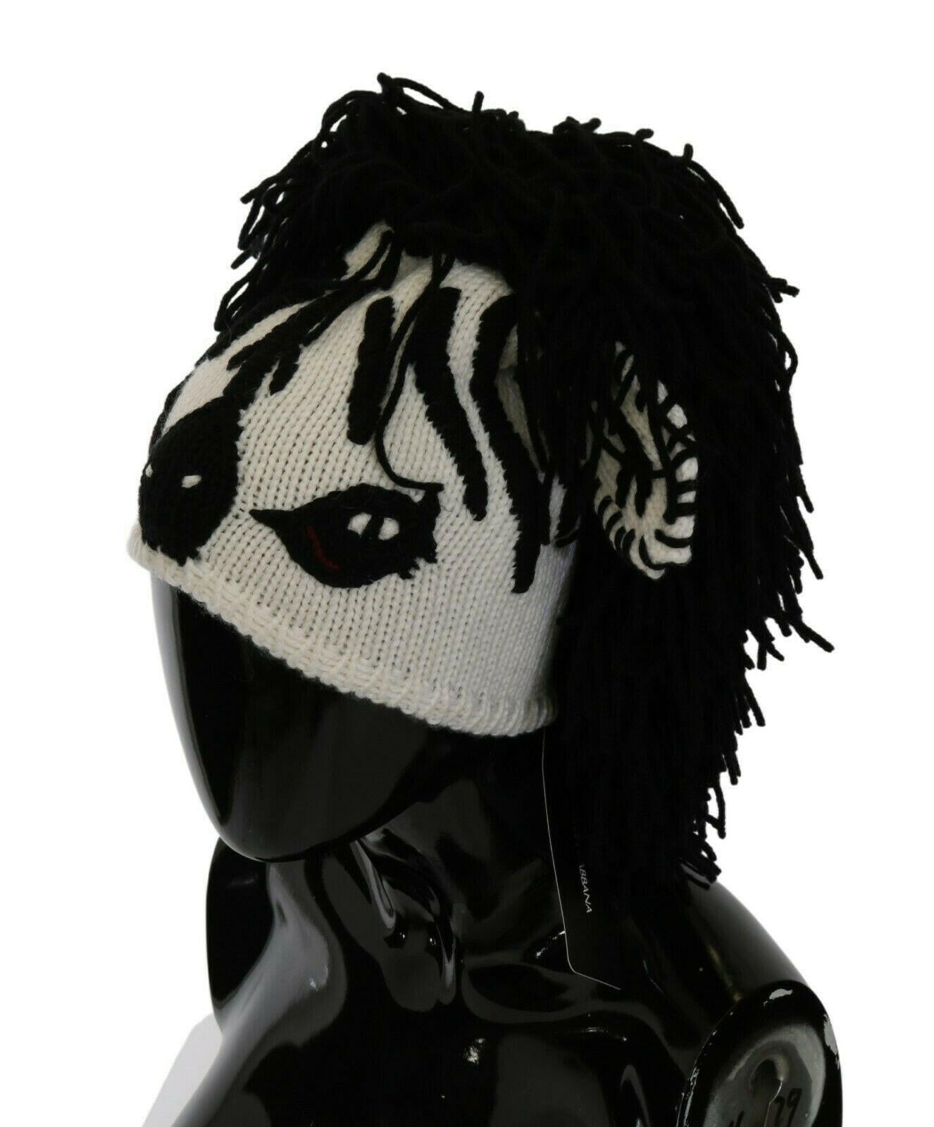 Dolce & Gabbana Black White Knitted Cashmere Animal Design Hat.