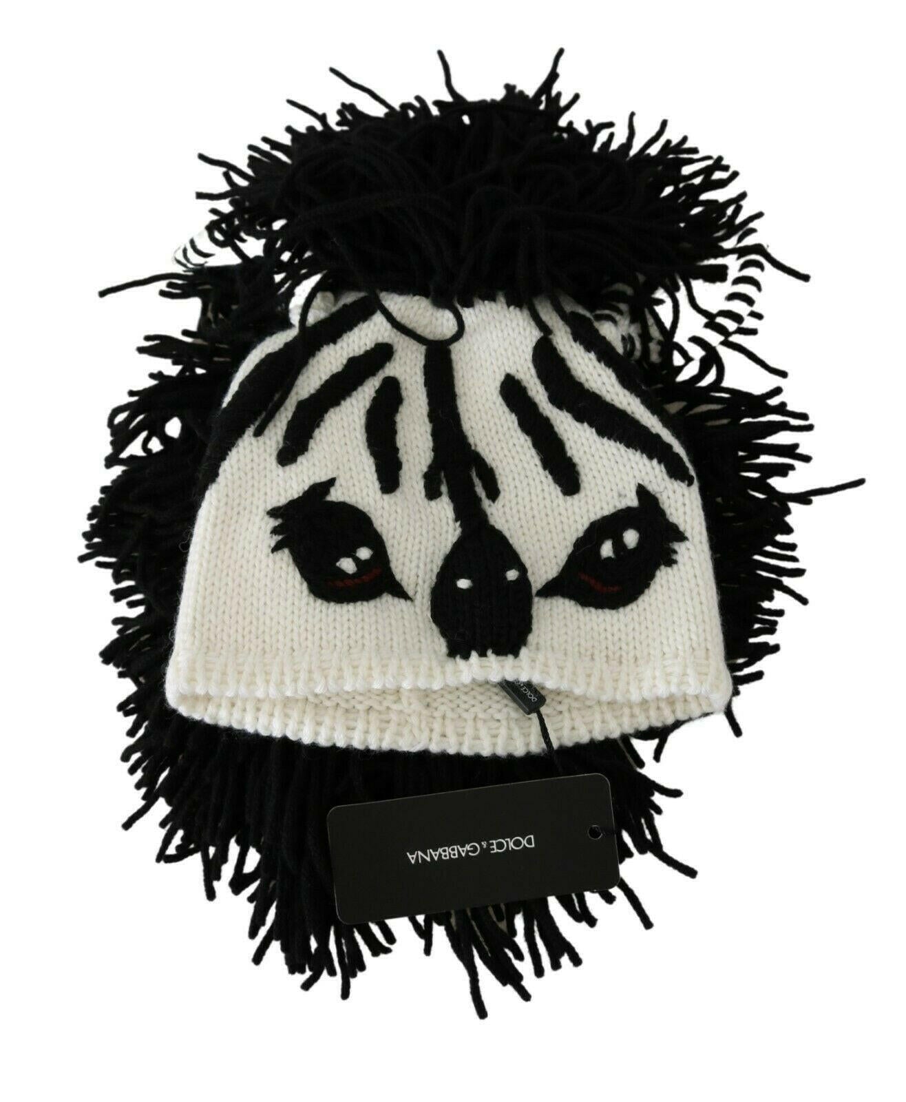 Dolce & Gabbana Black White Knitted Cashmere Animal Design Hat.