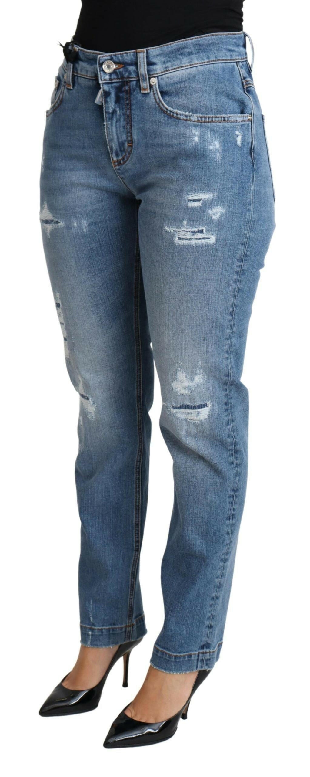 Dolce & Gabbana Blue Tattered Skinny Denim Cotton Blend Jeans.