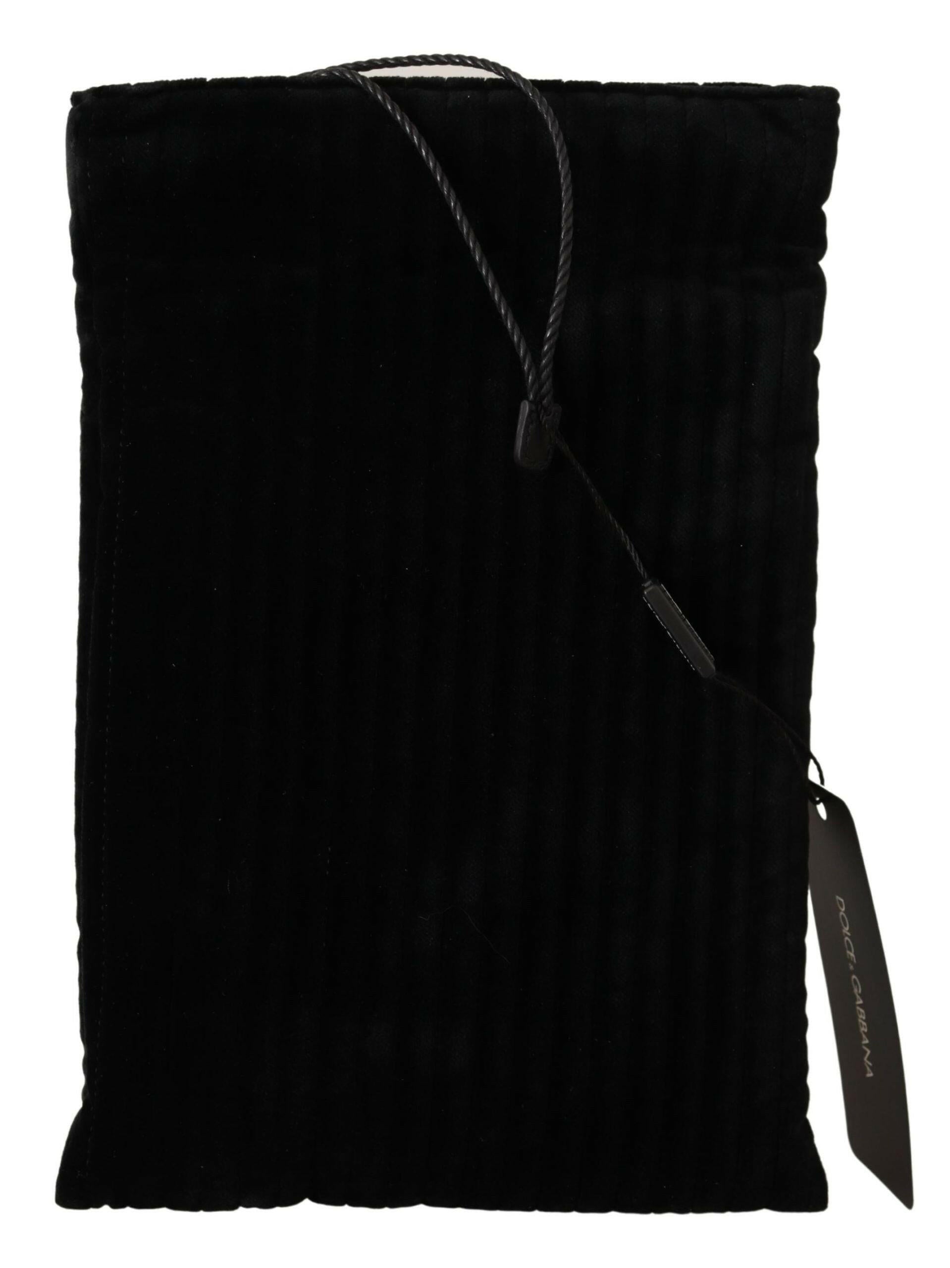 Dolce & Gabbana Black Velvet Quilt Drawstring Logo Plaque Pouch Bag.