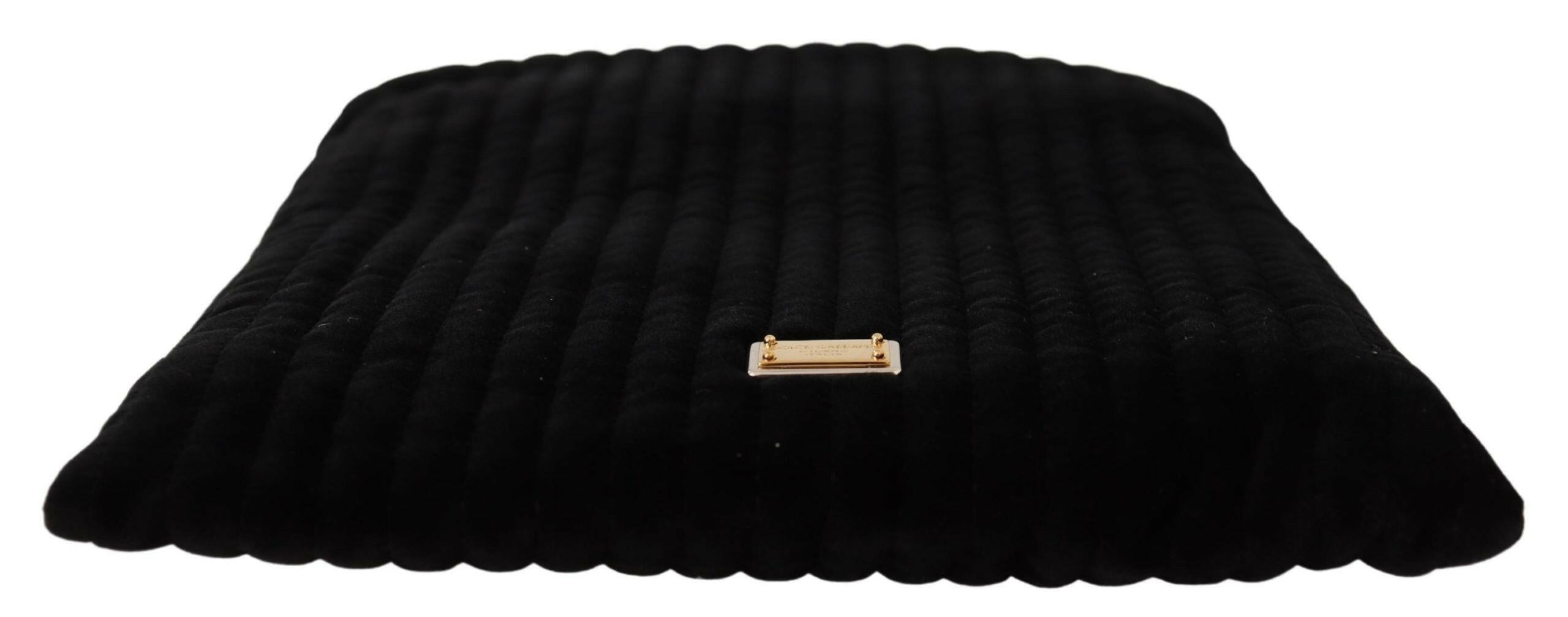 Dolce & Gabbana Black Velvet Quilt Drawstring Logo Plaque Pouch Bag.