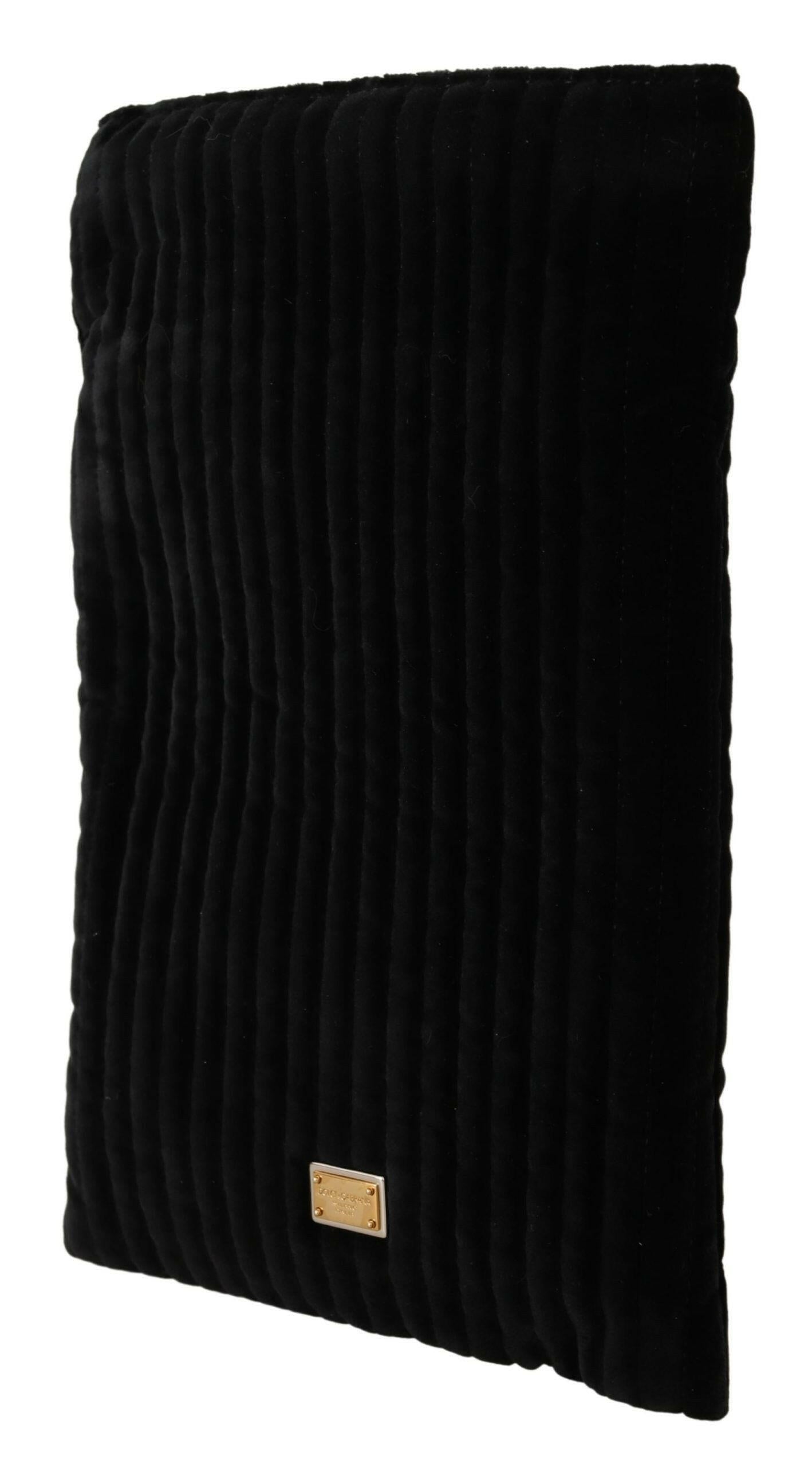 Dolce & Gabbana Black Velvet Quilt Drawstring Logo Plaque Pouch Bag.