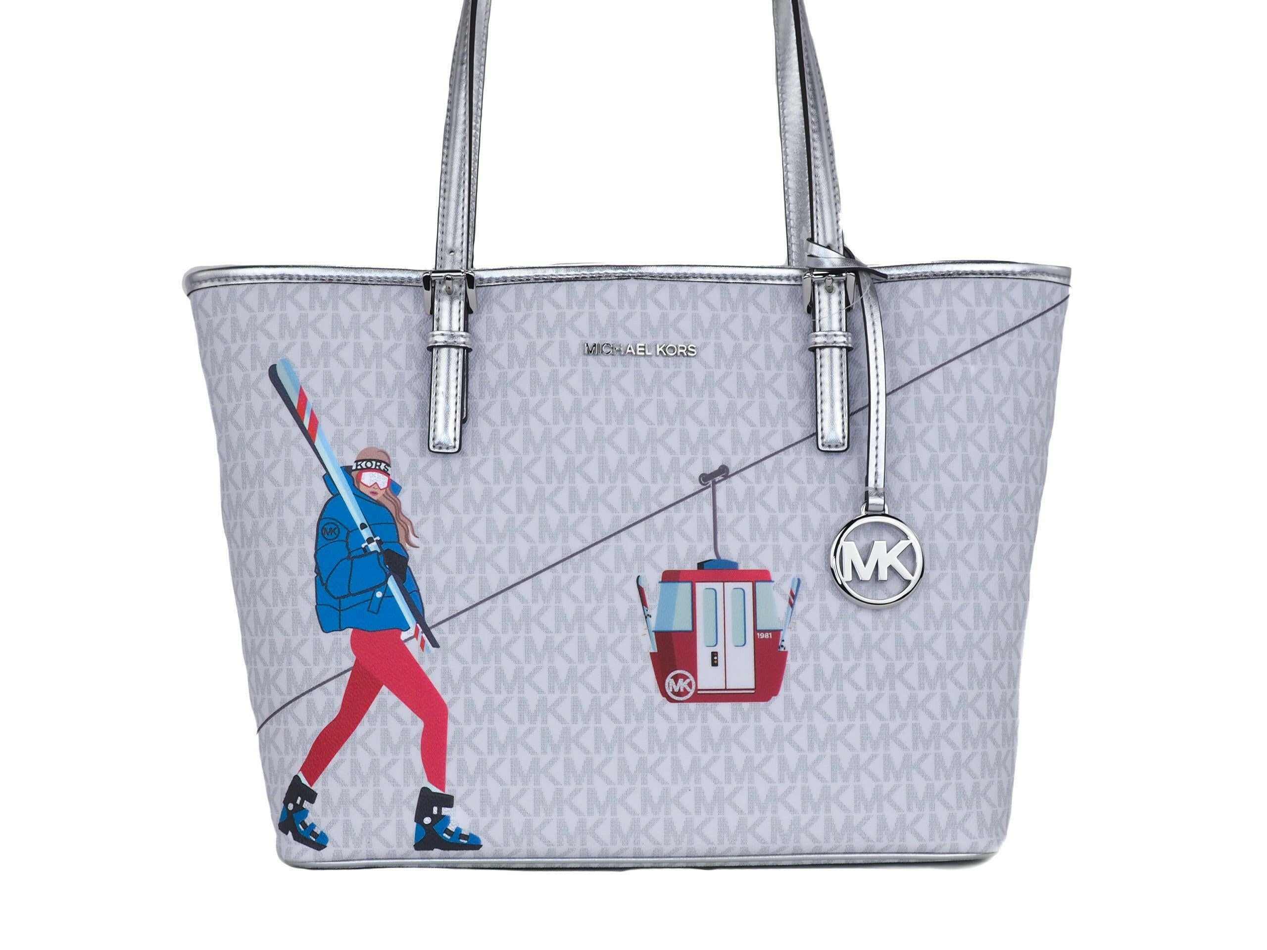 Michael Kors Jet Set Girls Print Medium Signature PVC Carryall Shoulder Tote Handbag (Bright White Multi).