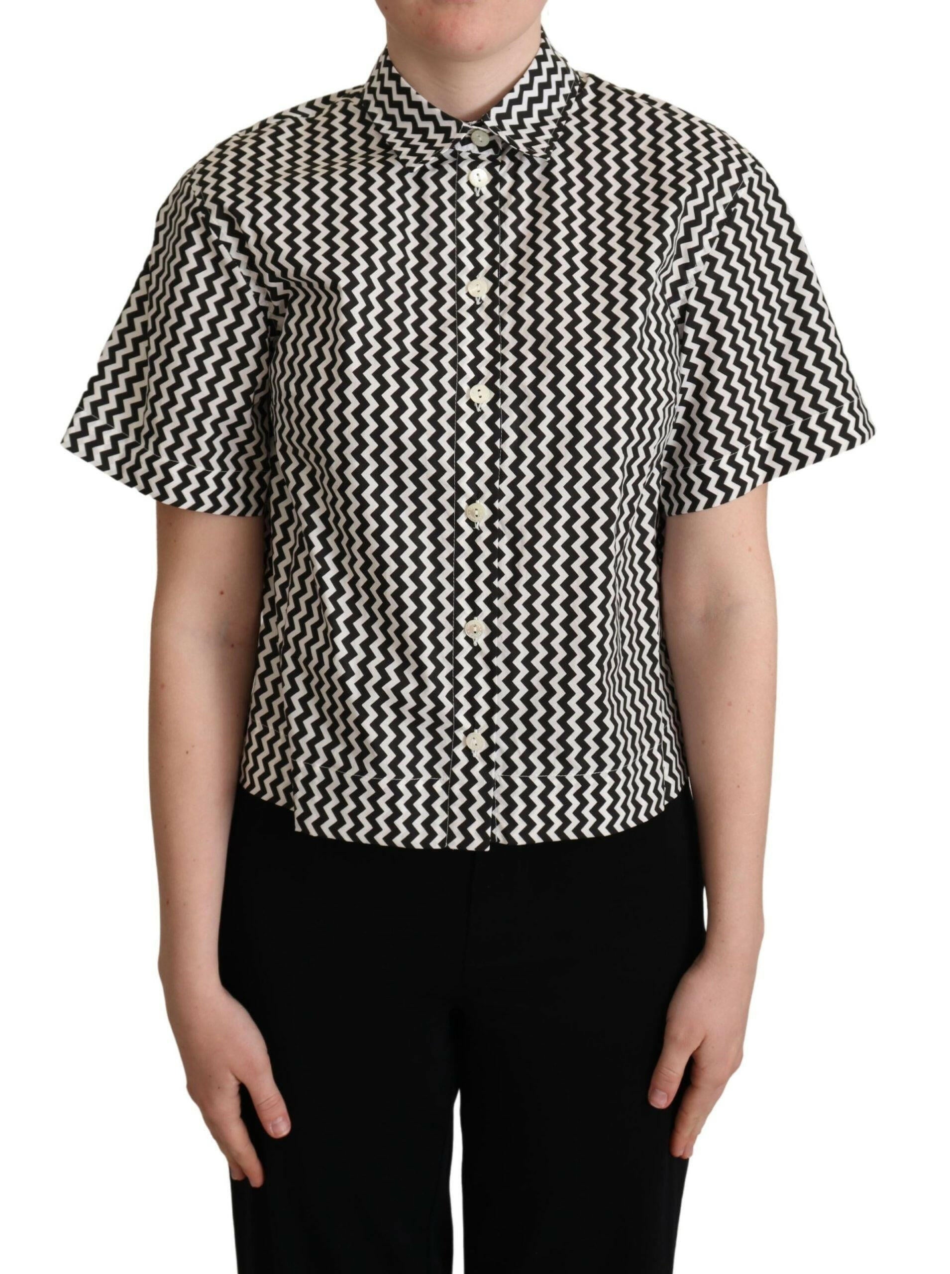 Dolce & Gabbana Black White Zigzag Collar Cotton Top Shirt.