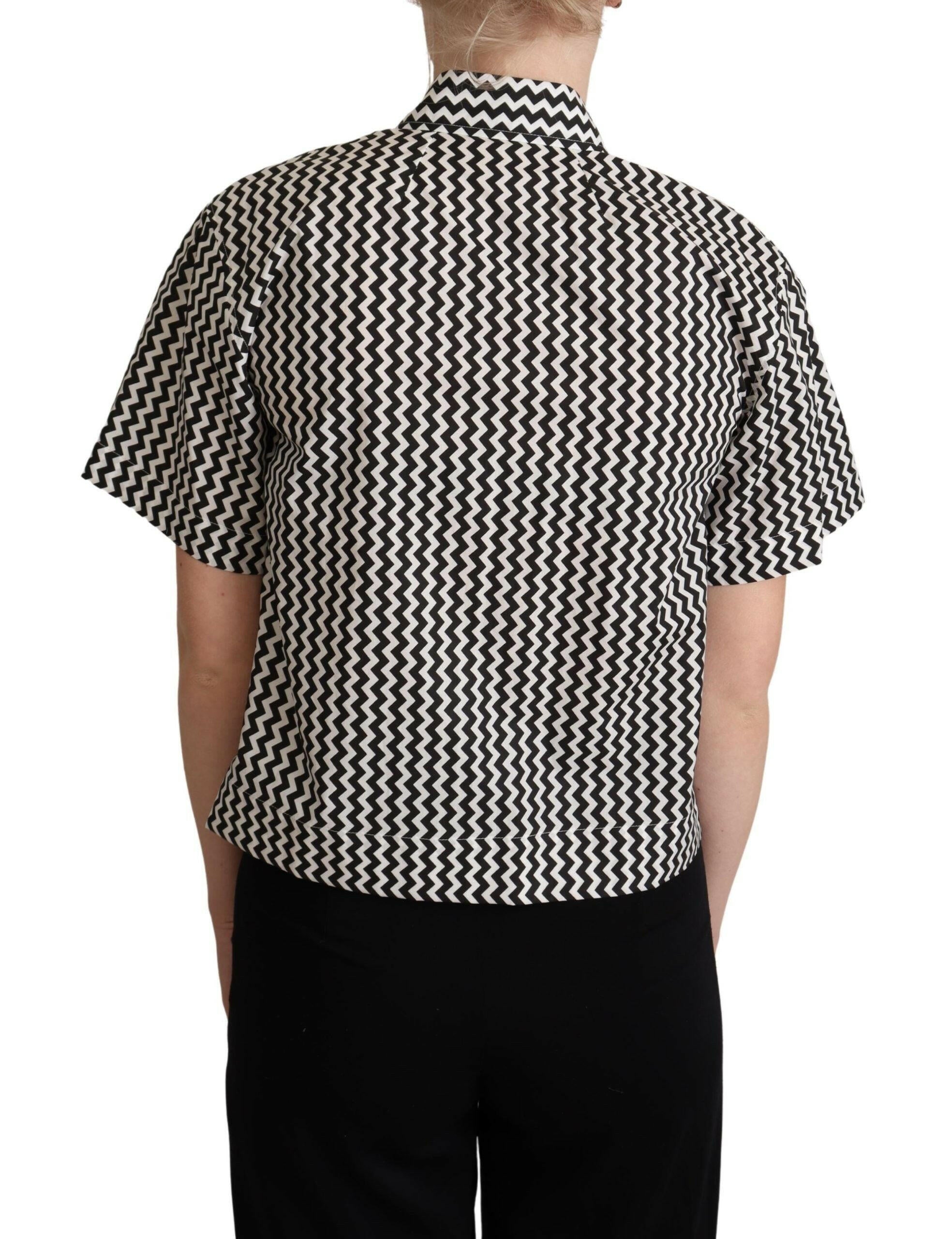 Dolce & Gabbana Black White Zigzag Collar Cotton Top Shirt.