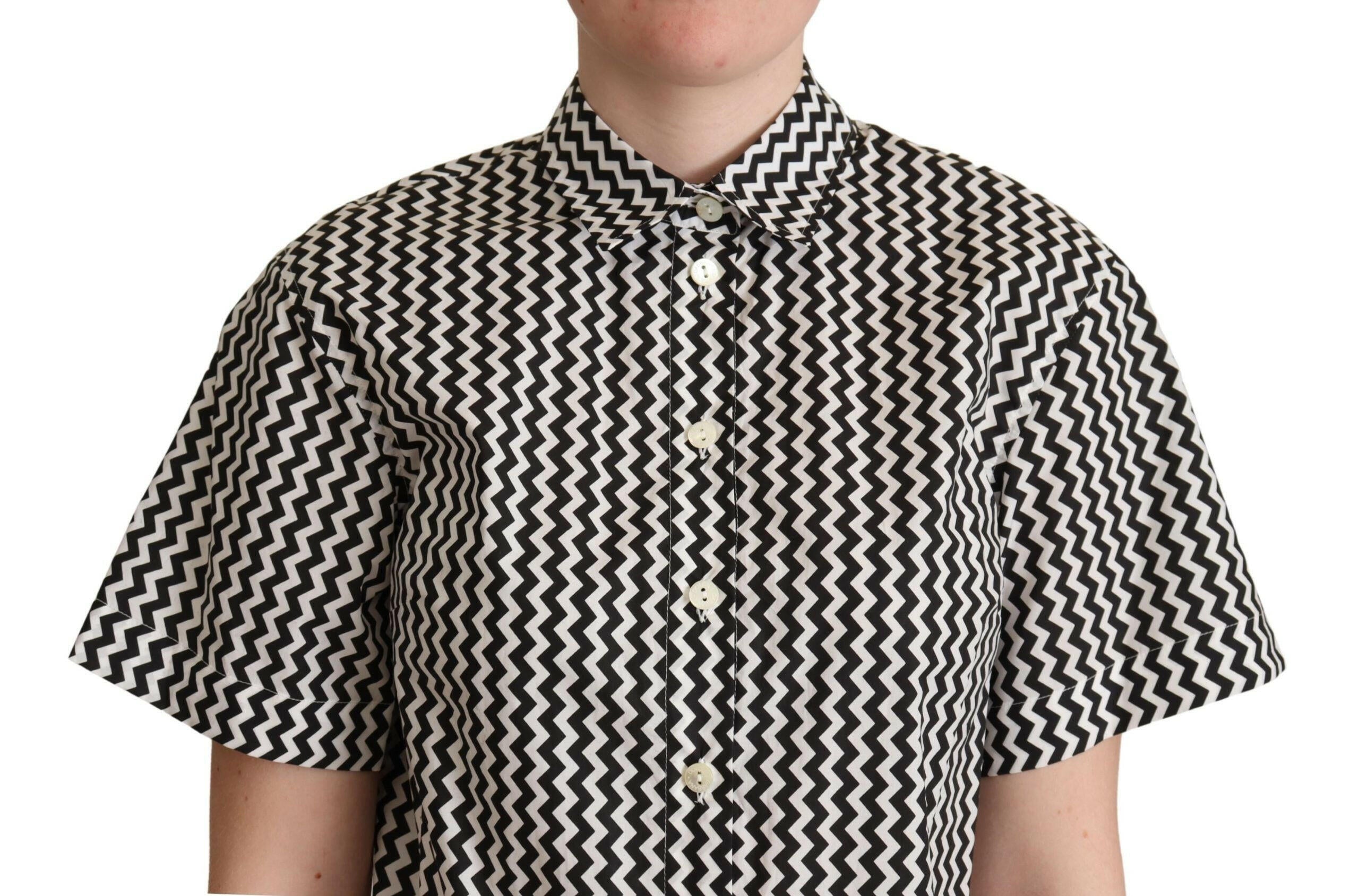 Dolce & Gabbana Black White Zigzag Collar Cotton Top Shirt.