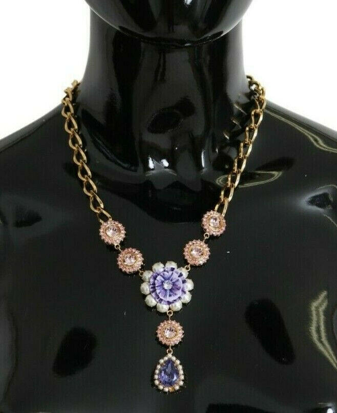 Dolce & Gabbana Pink Gold Brass Crystal Purple Pearl Pendants.
