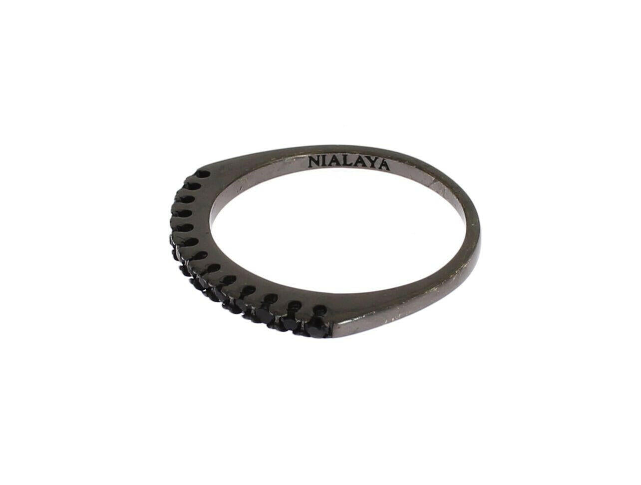 Nialaya Black CZ Rhodium 925 Silver Womens Ring.