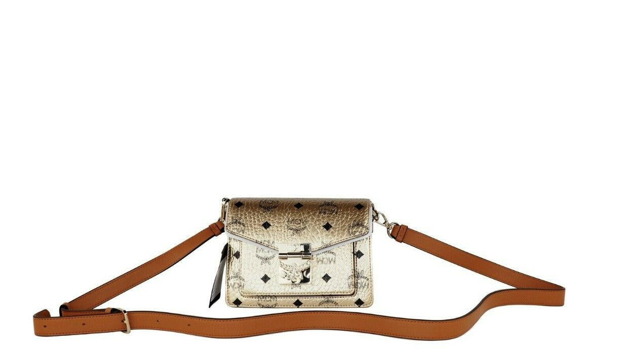 MCM Signature Berlin Gold Diamond Logo Leather Mini Flap Lock Crossbody Handbag.