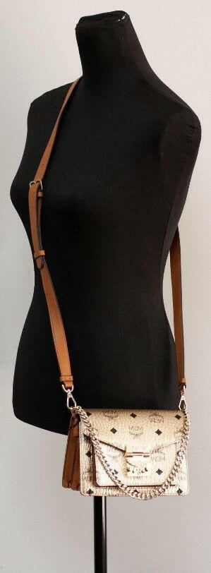 MCM Signature Berlin Gold Diamond Logo Leather Mini Flap Lock Crossbody Handbag.