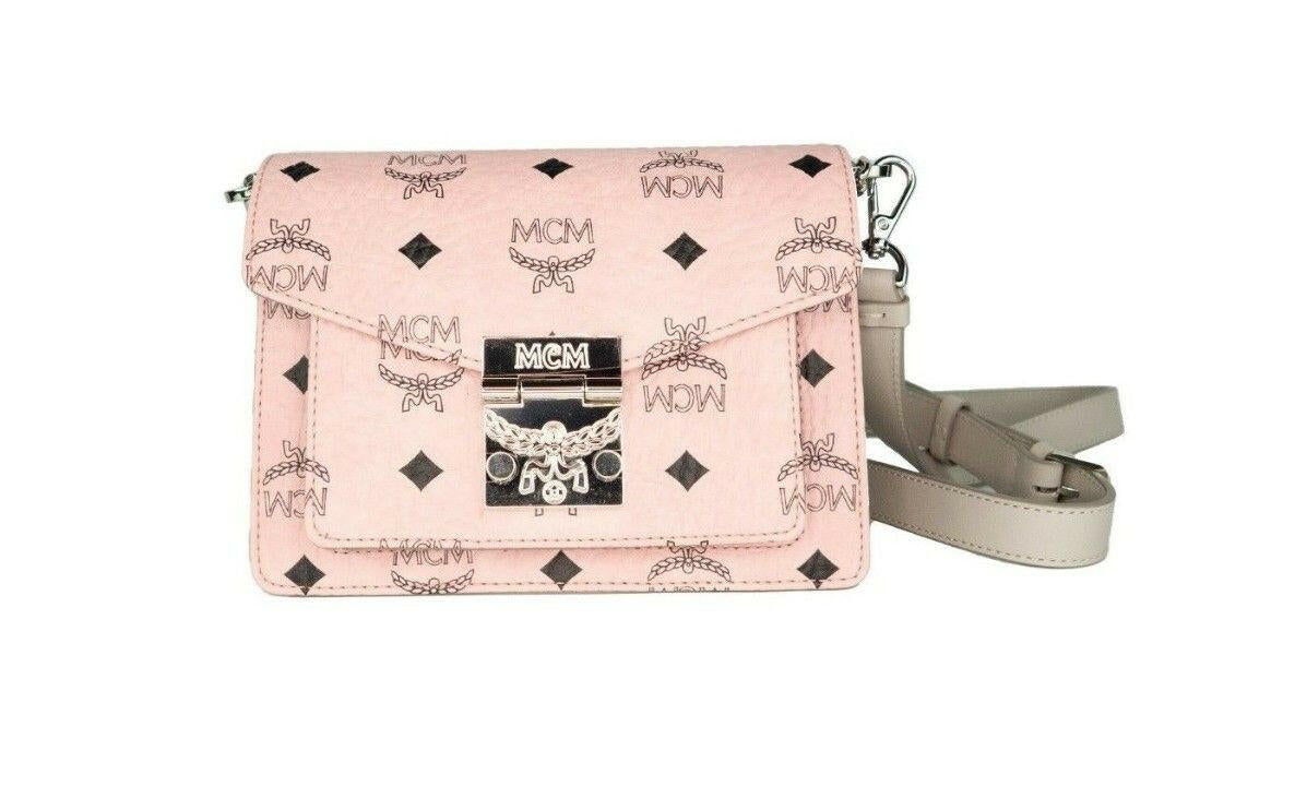 MCM Signature Soft Pink Diamond Logo Leather Mini Flap Lock Crossbody Handbag.