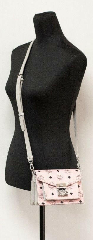 MCM Signature Soft Pink Diamond Logo Leather Mini Flap Lock Crossbody Handbag.