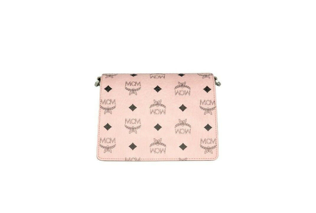 MCM Signature Soft Pink Diamond Logo Leather Mini Flap Lock Crossbody Handbag.