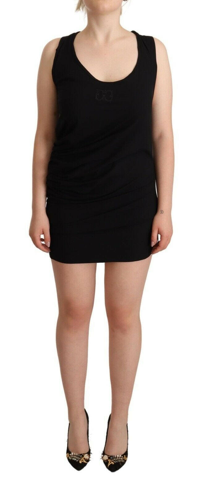 Roberto Cavalli Black Sleeveless Cotton Sheath Mini Dress.
